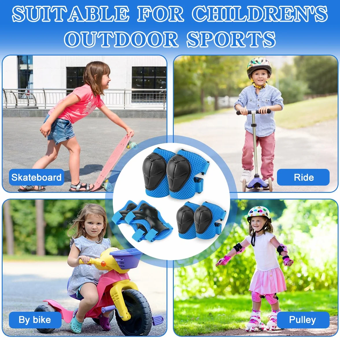 Protezioni Skateboard Bambini Ginocchiere Set 6-in-1 per Skateboarding Pattinaggio Biciclette Ciclismo Blu
