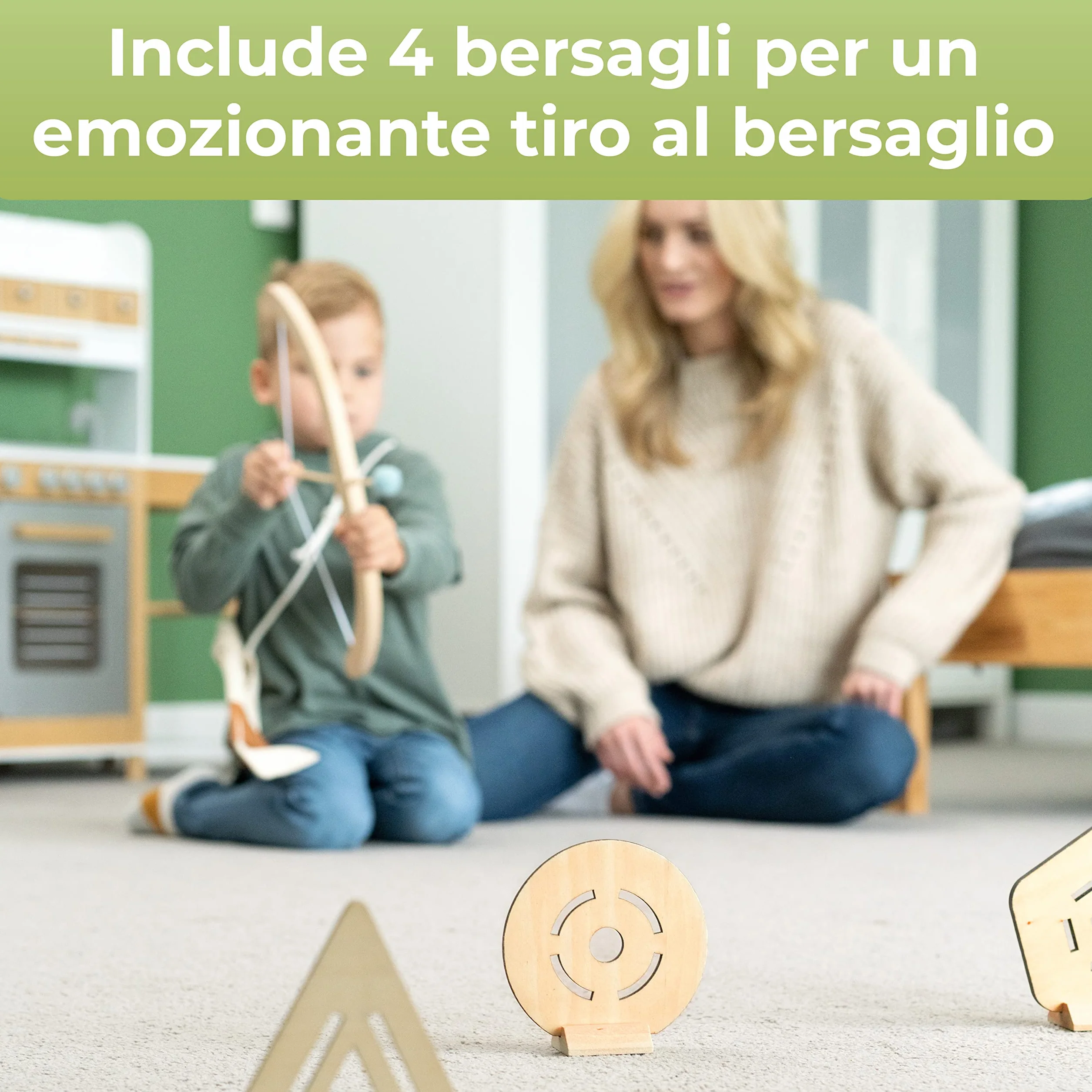 BOWRILLA® Arco e frecce per bambini in legno con 5 frecce, 4 bersagli e porta frecce