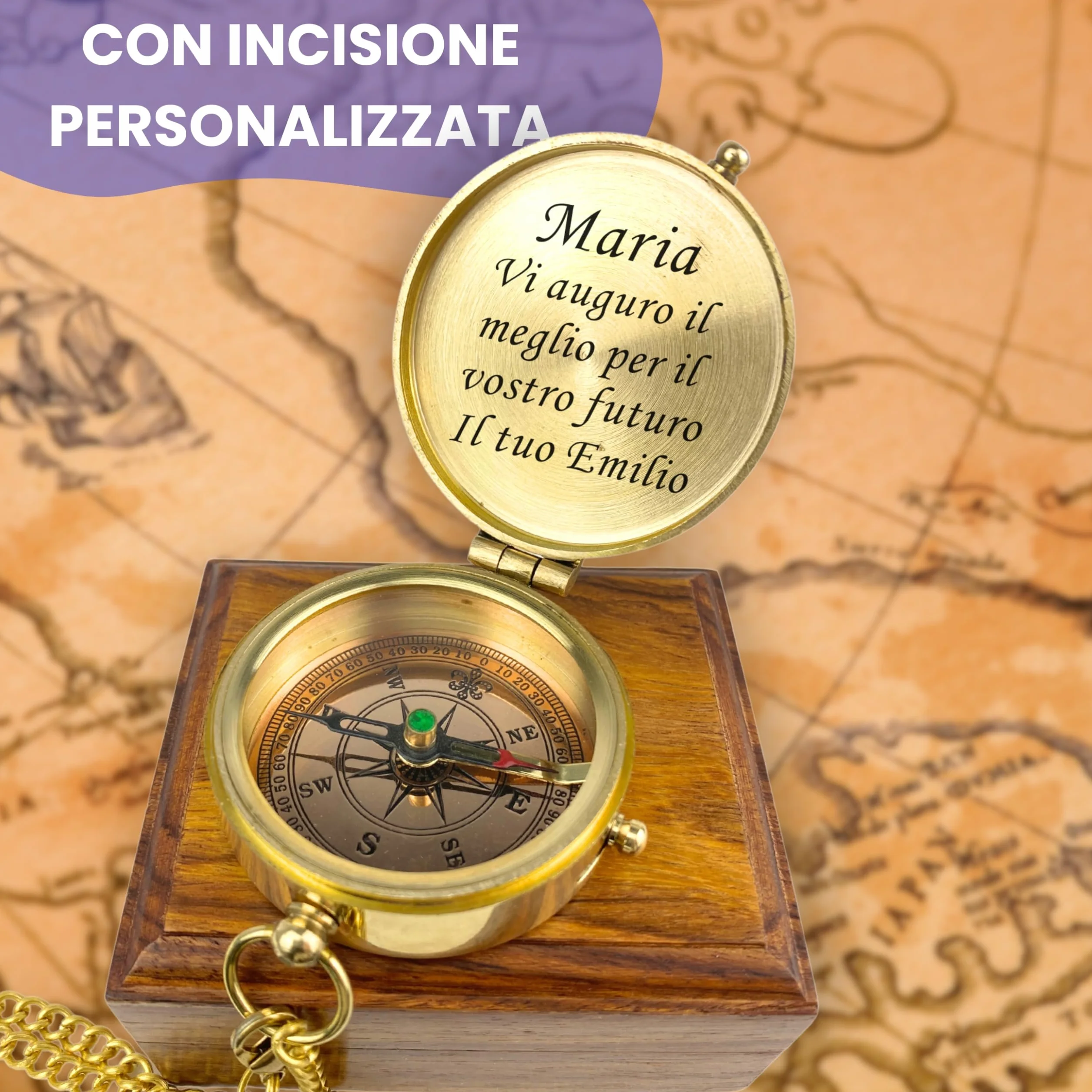 Bussola personalizzata in ottone e pelle con incisione motivo marittimo, regalo