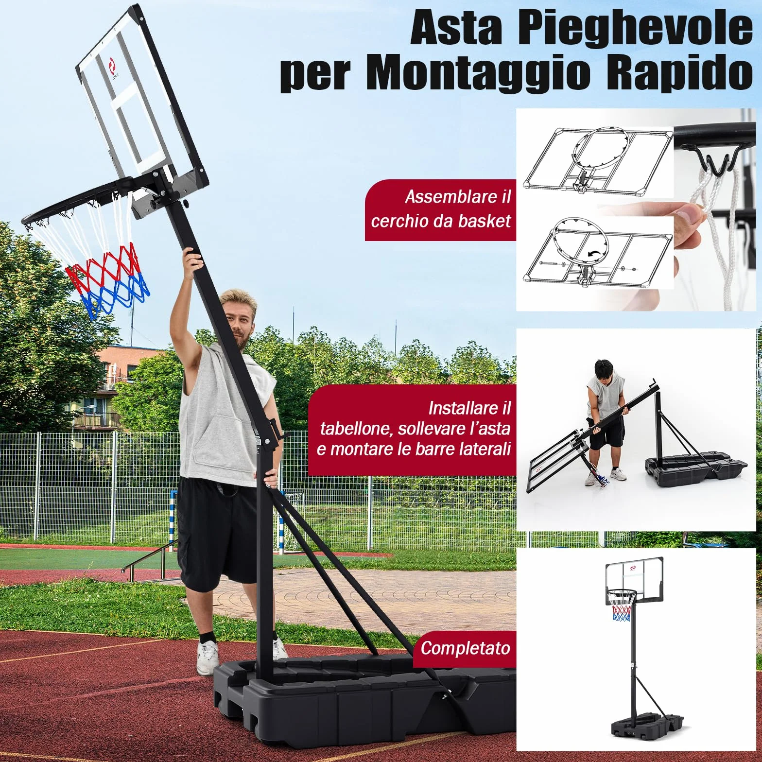 COSTWAY Canestro da Basket Professionale Pieghevole Altezza Regolabile 230-305 cm Tabellone PC Infrangibile Base Mobile con Ruote Riempibile