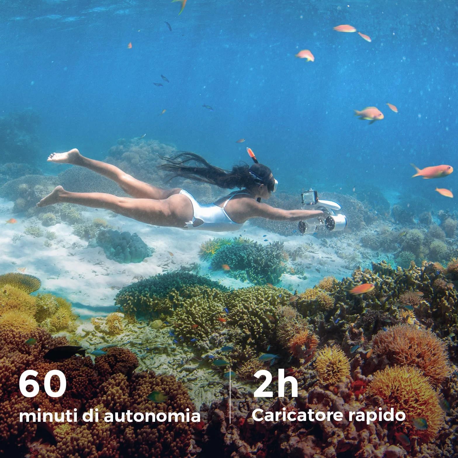 Monopattino subacqueo a doppio motore Mix PRO, 3 velocità, 60 min, profondità 40 m, con supporto fotocamera e allarme batteria