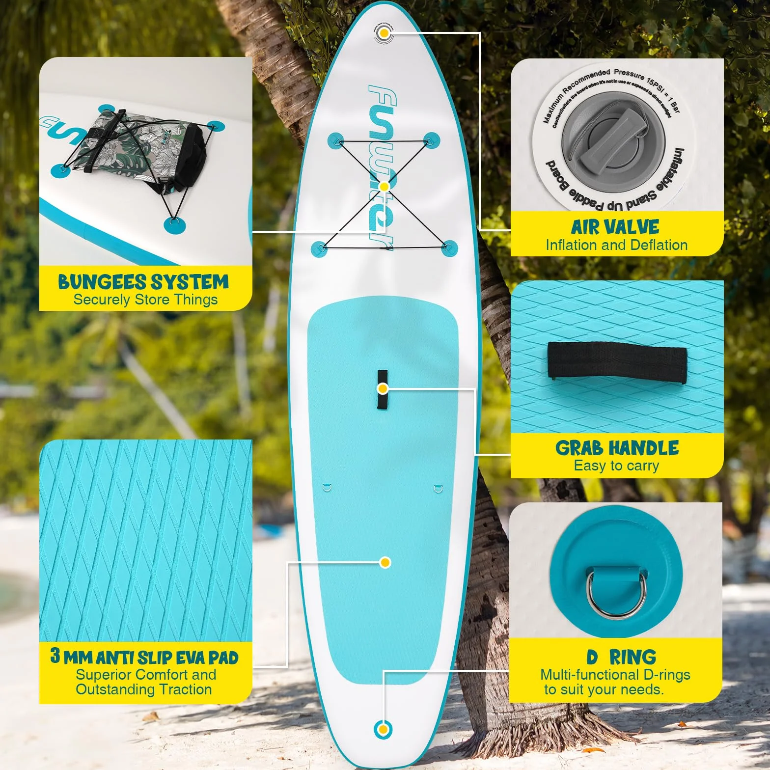 FunWater Tavola SUP Gonfiabile Ultra Leggera Accessori Completi Pagaia Regolabile Pompa Zaino Leash Pinne