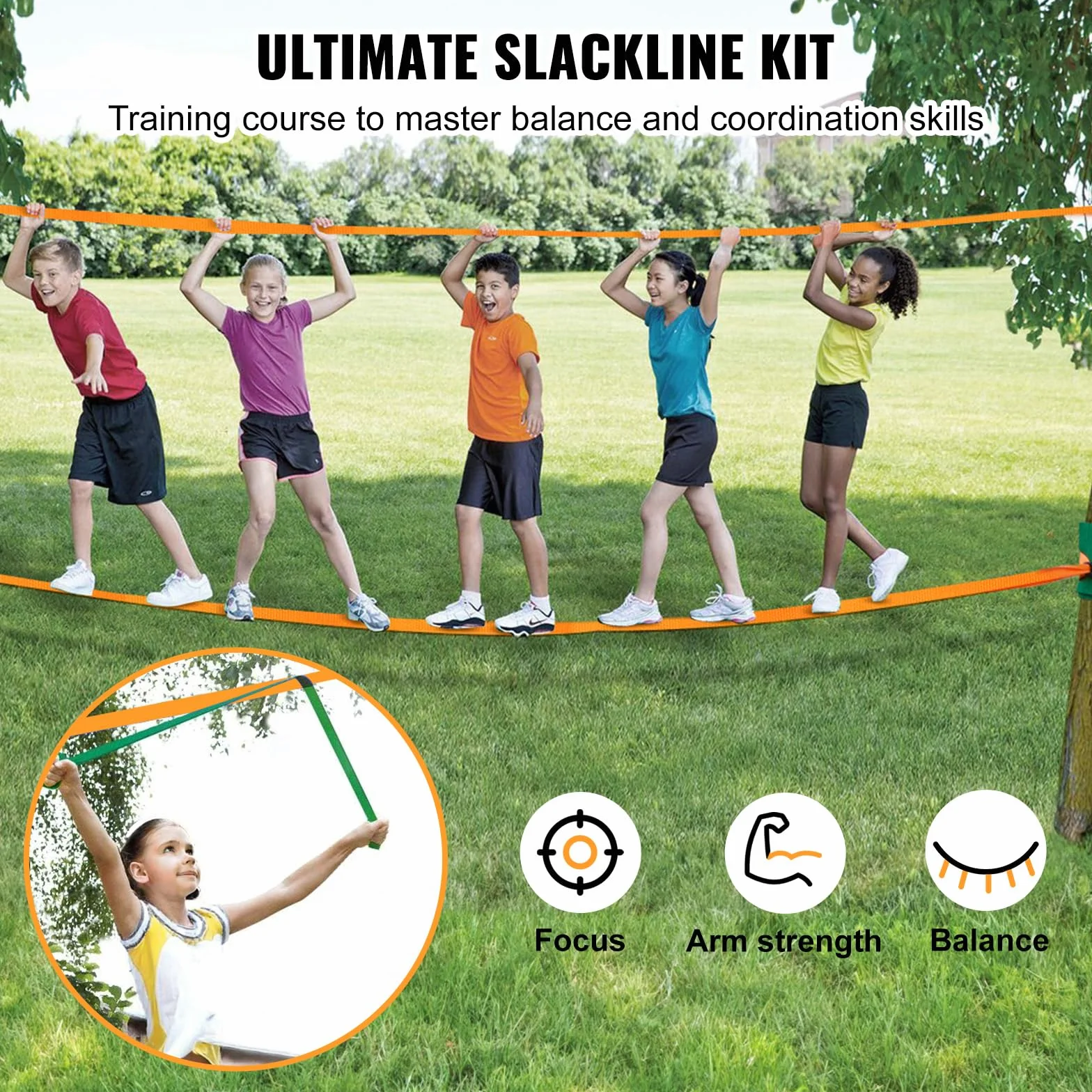 VEVOR Kit Slackline con Linea di Allenamento 18,3m x 5cm, Attrezzatura da Giardino, Set con Protezioni per Alberi