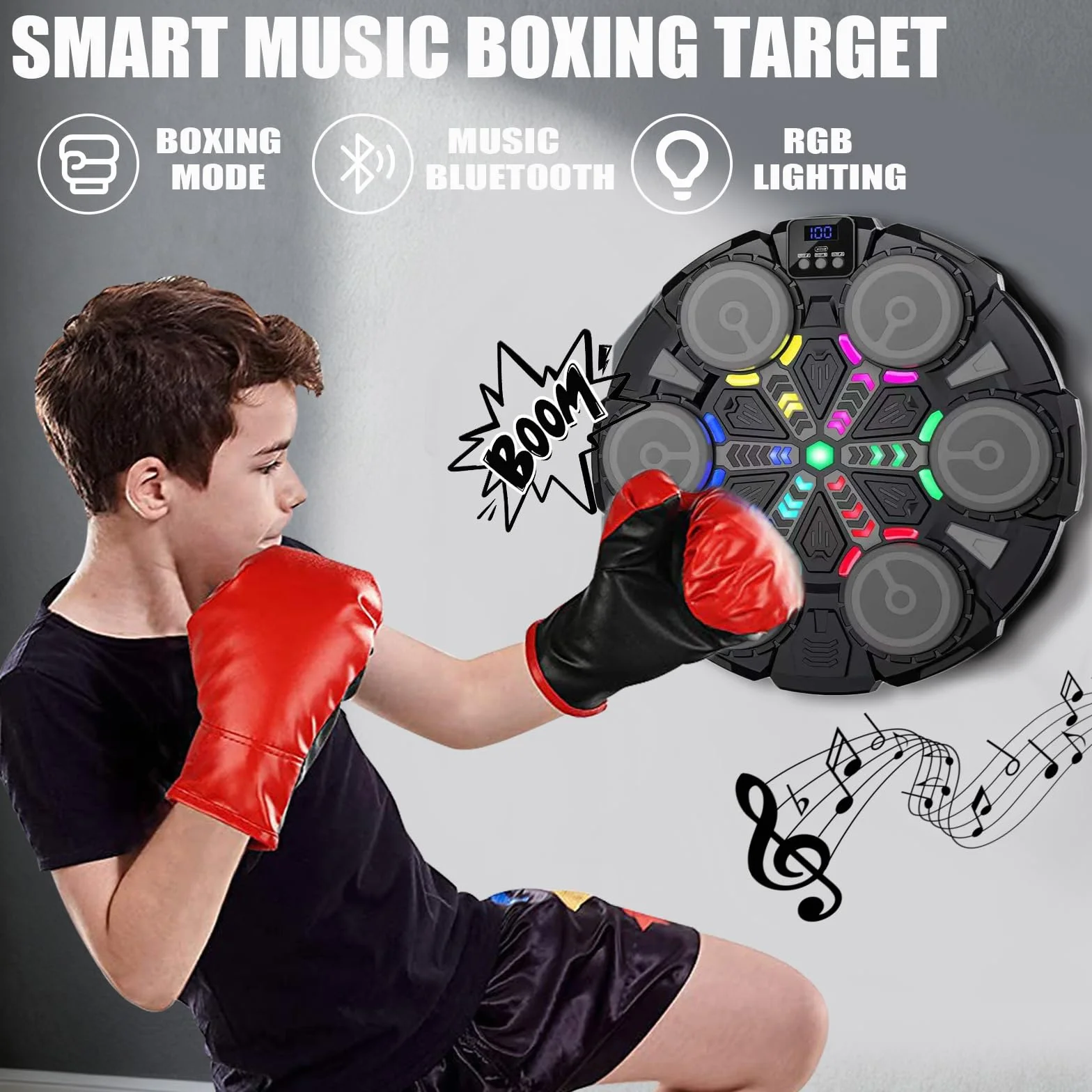 Macchina da boxe musicale, gioco intelligente da parete Bluetooth con guantoni da boxe, velocità e modalità di conteggio regolabili, attrezzatura da palestra per bambini, macchina da boxe per