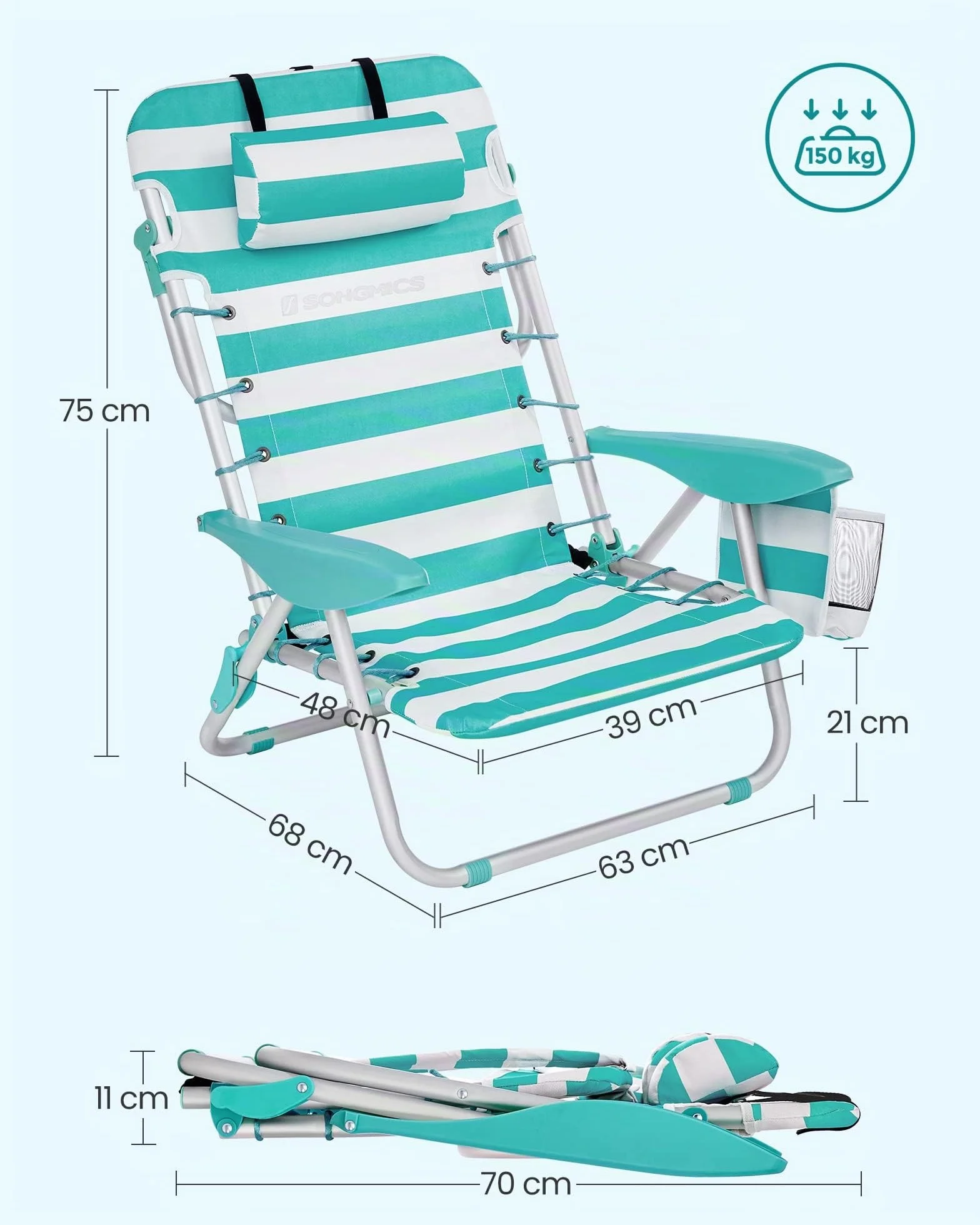 SONGMICS Sedia da spiaggia, sedia da campeggio pieghevole, con tracolla, schienale regolabile, poggiatesta, bracciolo, 2 tasche laterali, verde e bianco GCB62JW