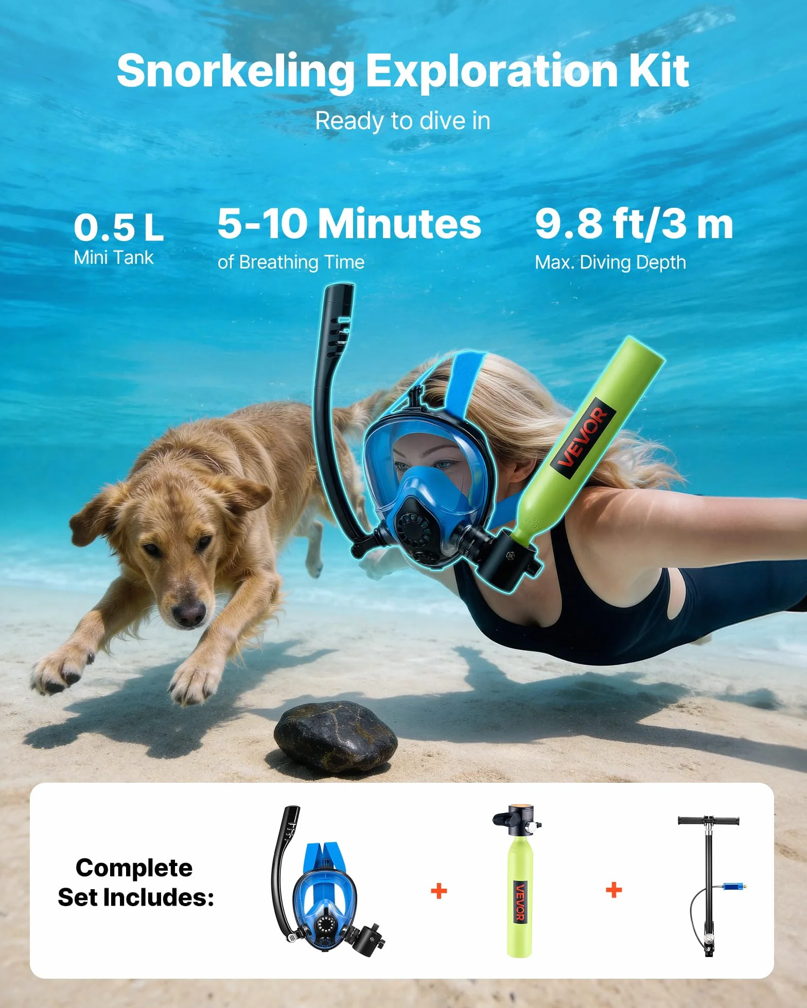VEVOR Mini Bombola Subacquea, Set Bombola Portatile 0,5L con Maschera Integrale, Pompa Manuale ad Alta Pressione, Scuba Tank Autonomia 10 Minuti