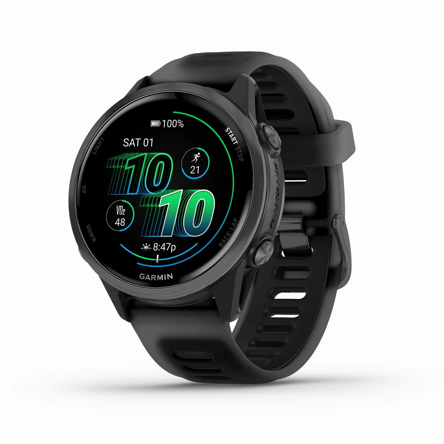 Garmin® Forerunner® 570, 42 mm, smartwatch GPS avanzato per corsa e triathlon, display AMOLED, funzioni di allenamento e recupero, alluminio grigio ardesia con cinturino nero traslucido