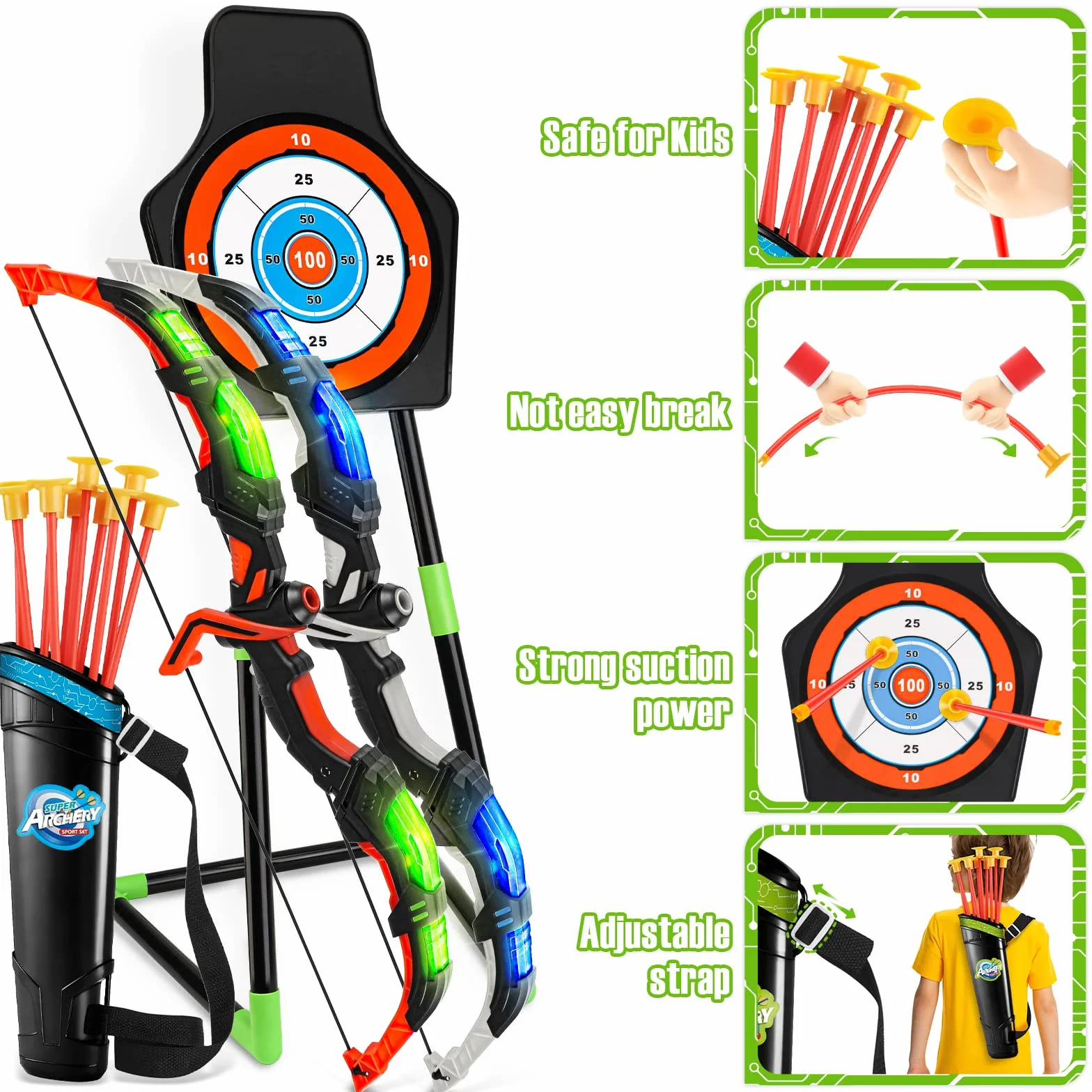 Set Tiro con l'Arco per Bambini con LED, 2 Archi, 20 Frecce, 1 Bersaglio, Giocattoli da Interno ed Esterno 6-10 Anni