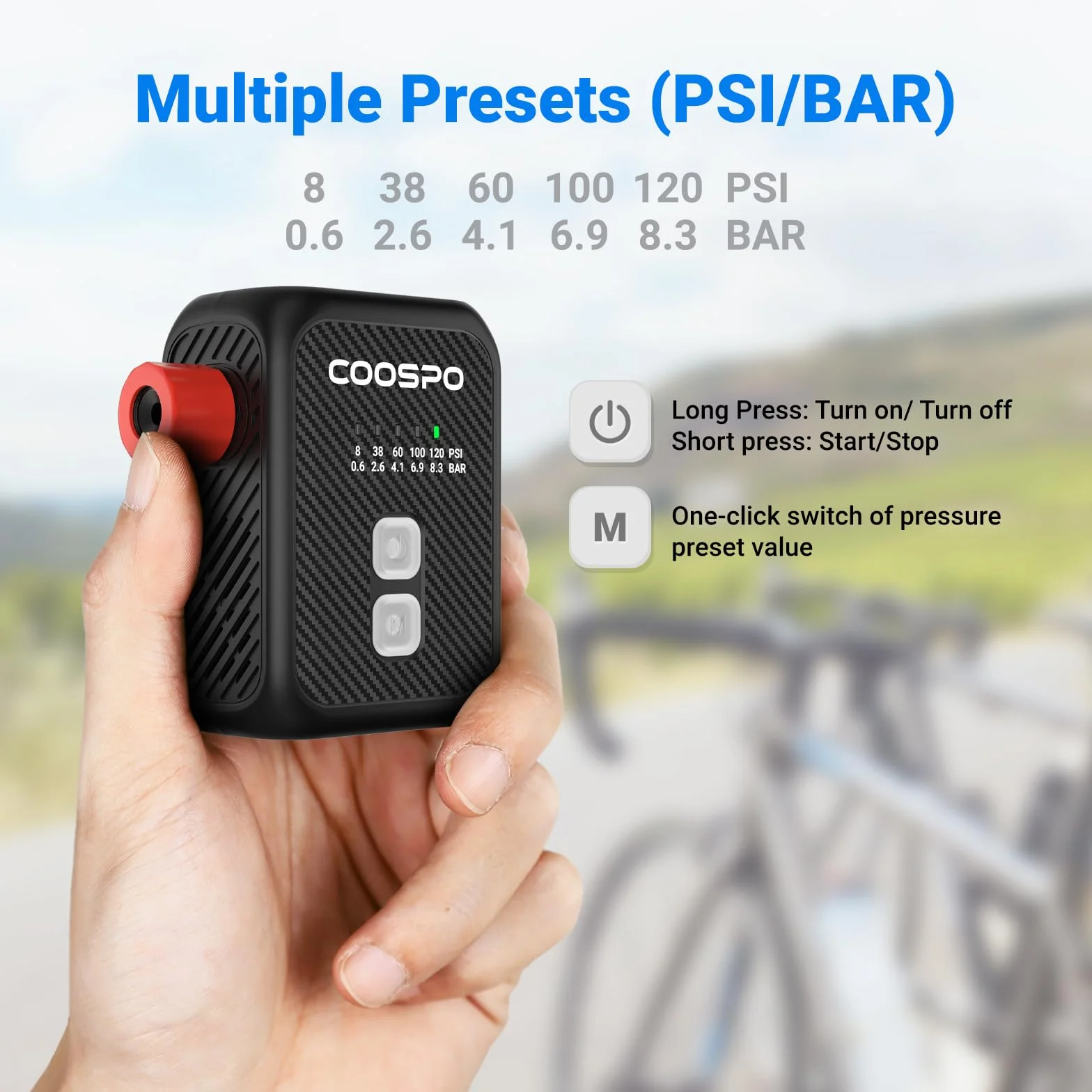 CooSpo Mini Pompa Elettrica per Bicicletta, 120 PSI, Pompa d'Aria con Spegnimento Automatico Presta/Schrader