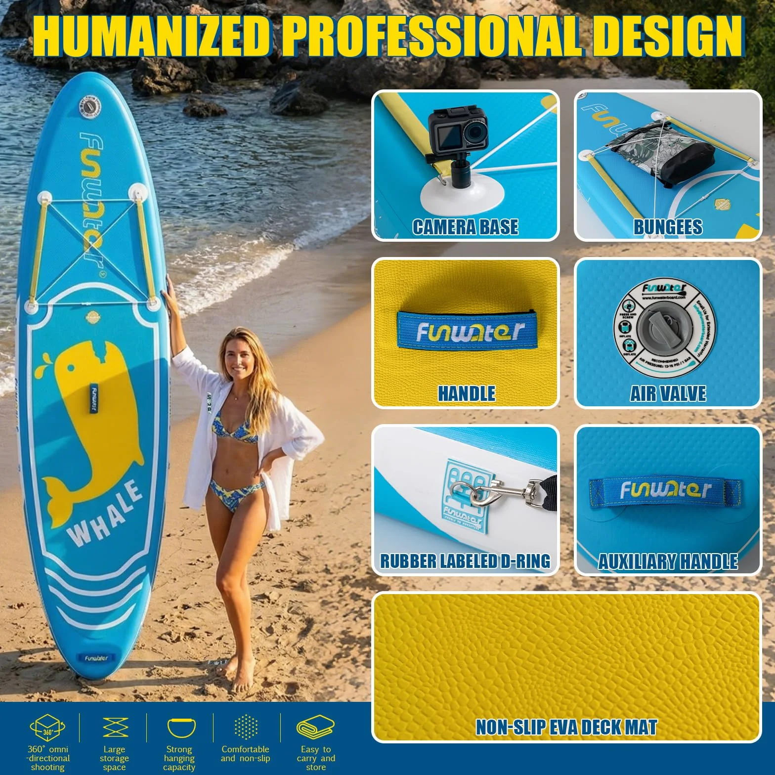 FunWater SUP Tavola da surf gonfiabile completa paddleboard con pagaia regolabile, pompa, zaino, guinzaglio, custodia impermeabile