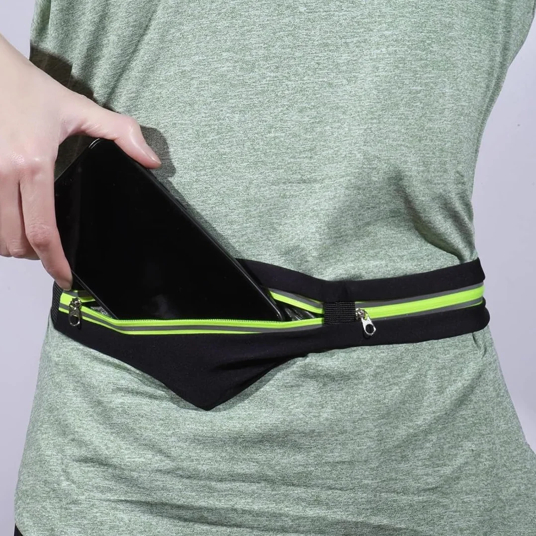 Cintura Da Corsa Porta Cellulare Running Belt 2 Due Marsupio Jogging Sport Outdoor Regolabile Resistente All'Acqua Nero E Verde