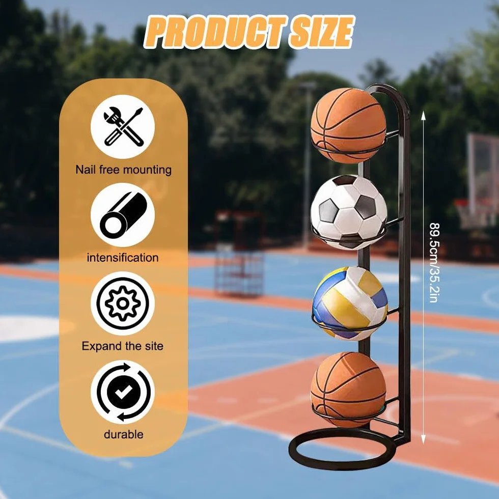 Rastrelliera da Basket Verticale 4 Livelli Porta Palloni Scaffale Stoccaggio Attrezzature Sportive
