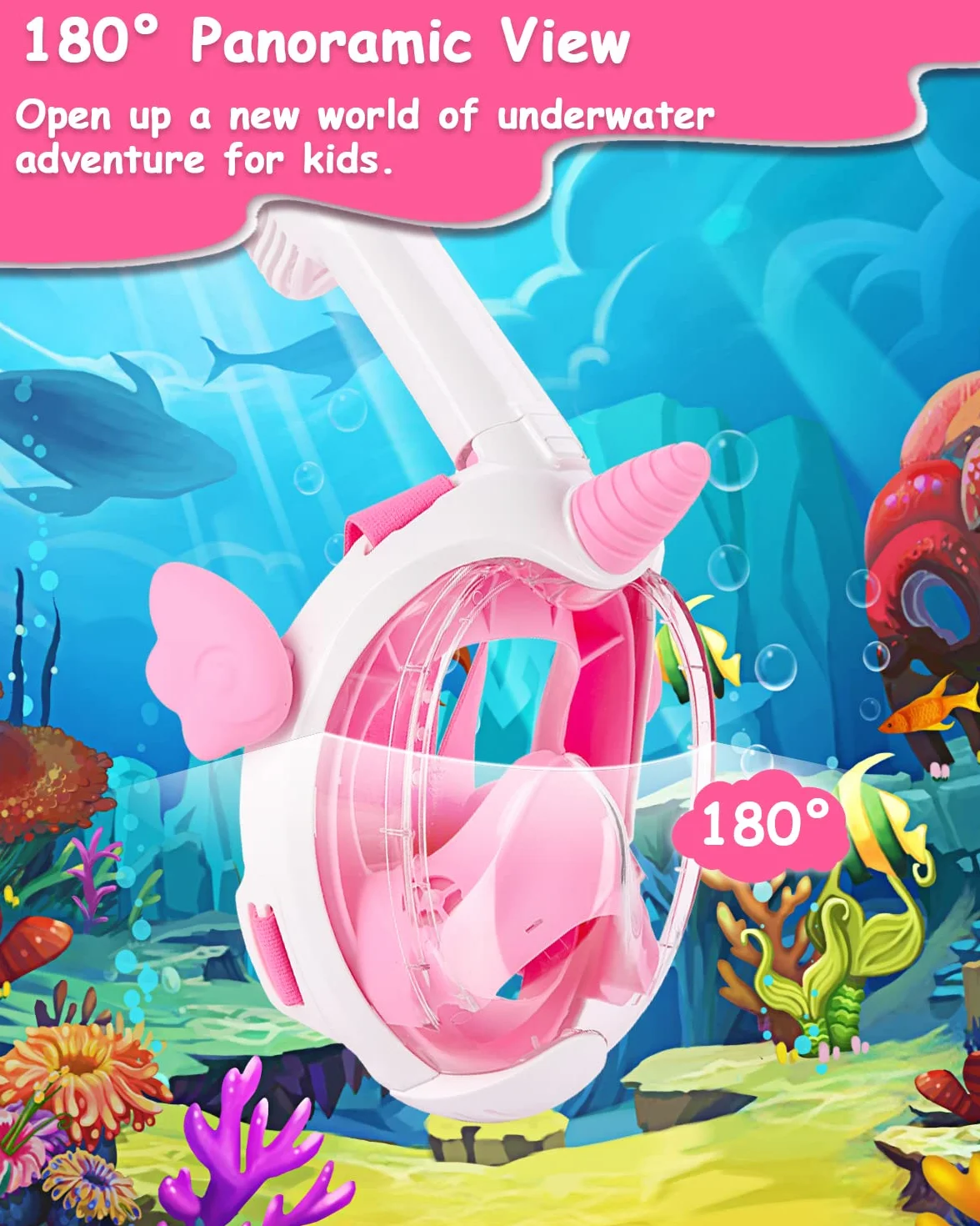 Flyboo Maschera da Snorkeling Bambini Unicorno 180° Visuale Panoramica Pieno Facciale Anti Appannamento
