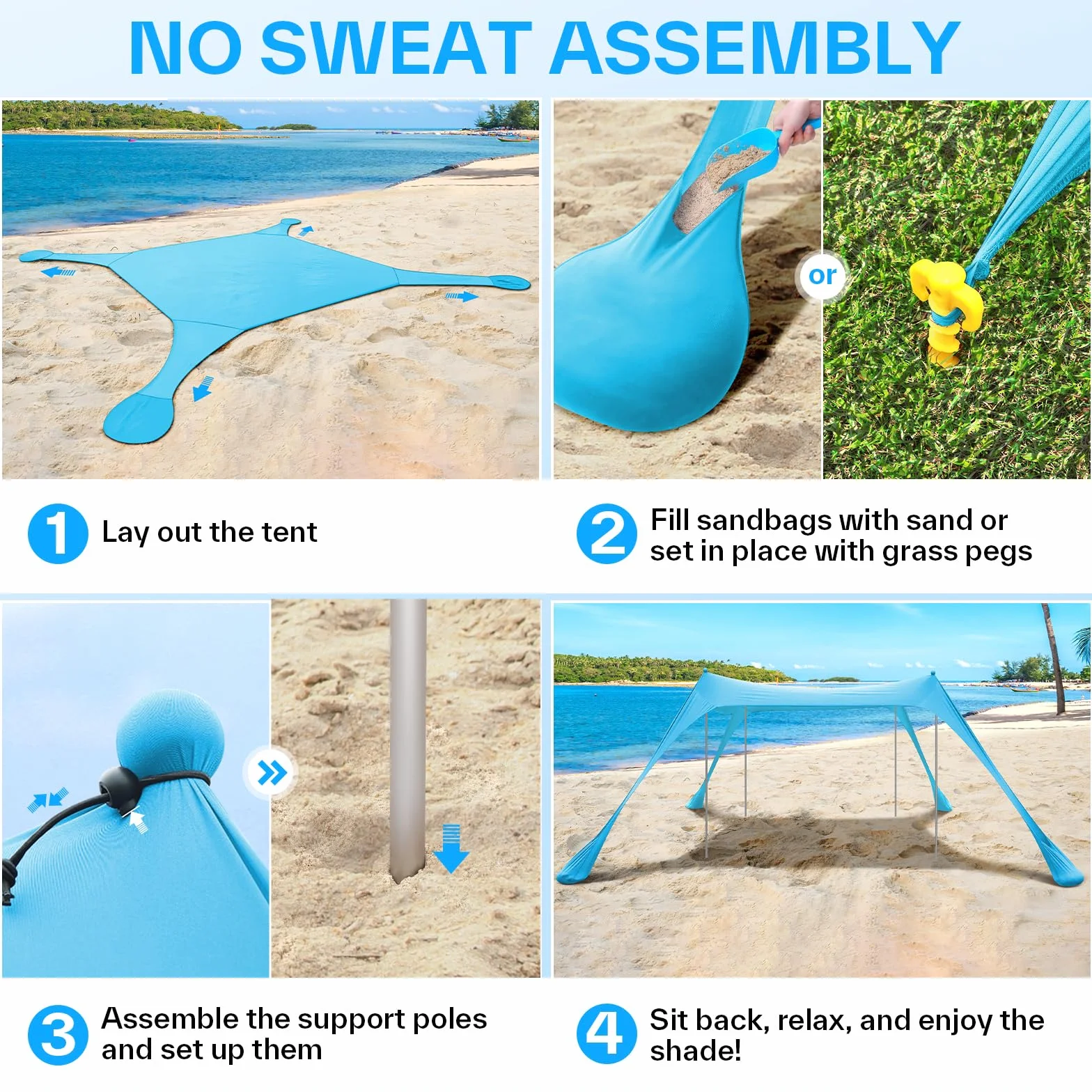 Sportneer - Tenda a baldacchino da spiaggia, tenda da spiaggia, parasole UPF50+, con 4 pali di stabilità, pala di sabbia e picchetti per spiaggia, campeggio, cortile, picnic all'aperto