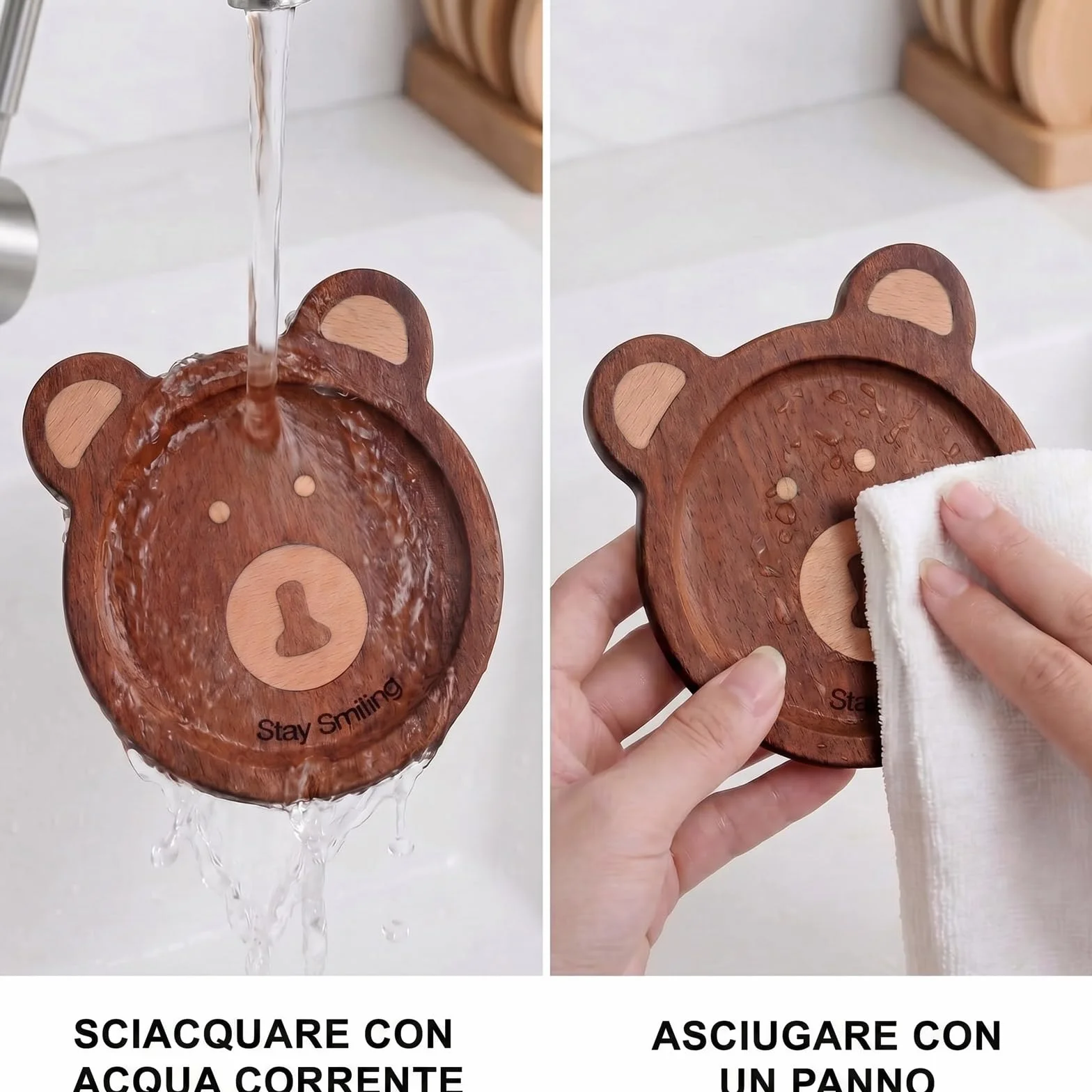 Set 6 sottobicchieri legno rotondi orso incastonato mano 11,5x9,5x1 cm marrone scuro