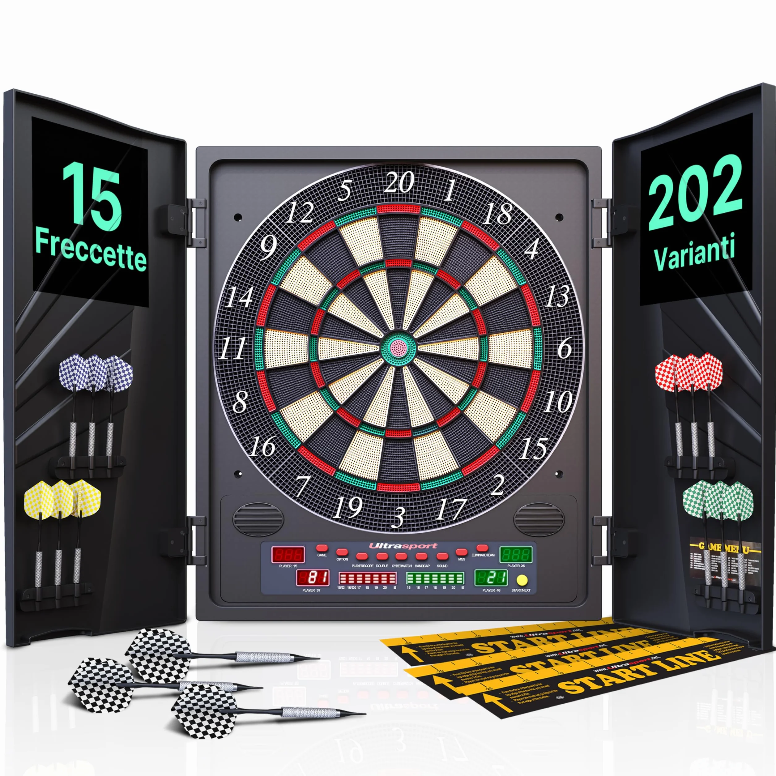 Ultrasport Tavola da Freccette Elettronica, 38 Giochi, 12 Freccette, 100 Punte morbide, LED