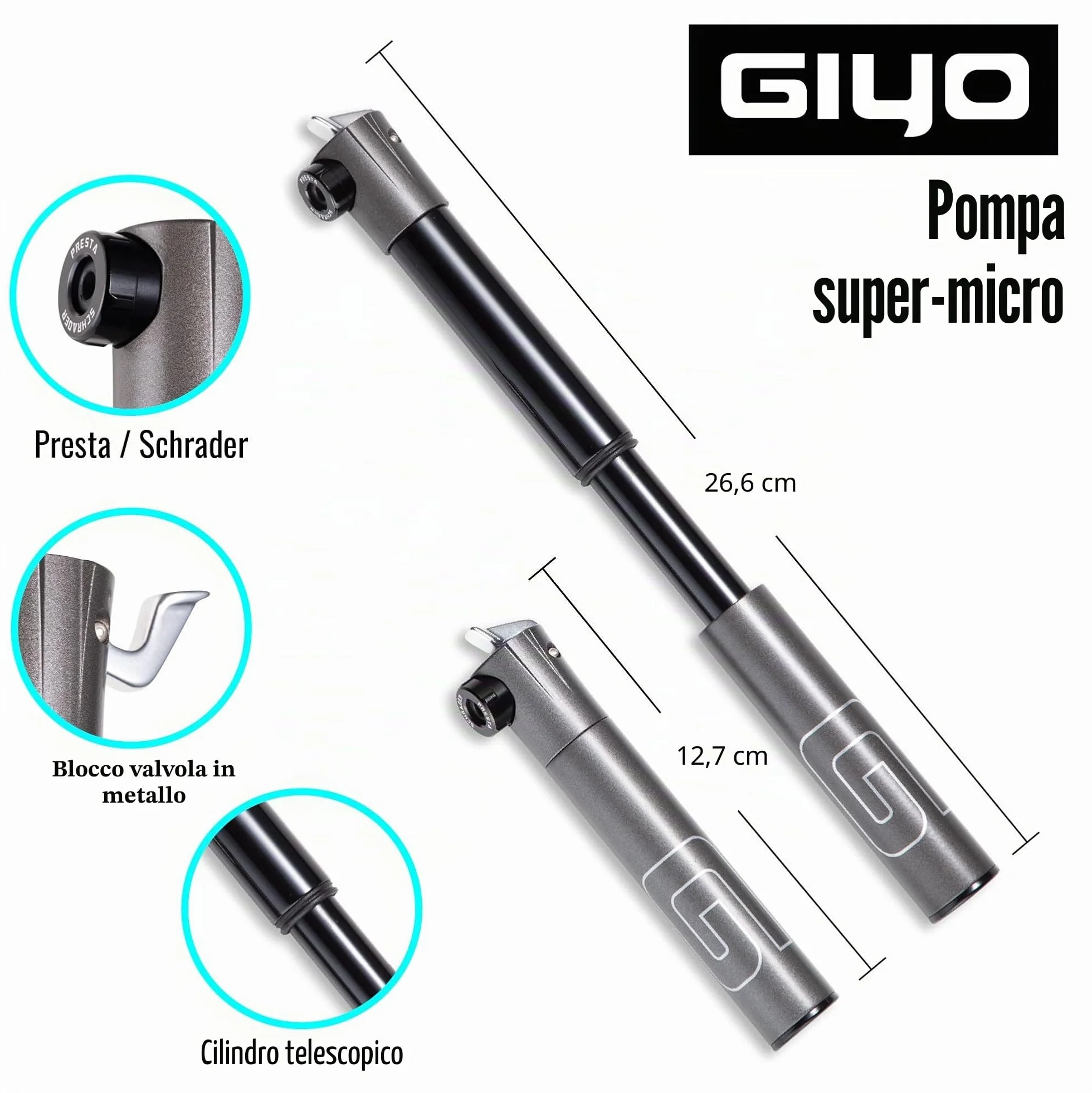 GIYO Pompa per Pneumatici Bici 80 PSI Telescopico All Metal CNC Portatile Mini Pompa Valvola Schrader Presta MTB