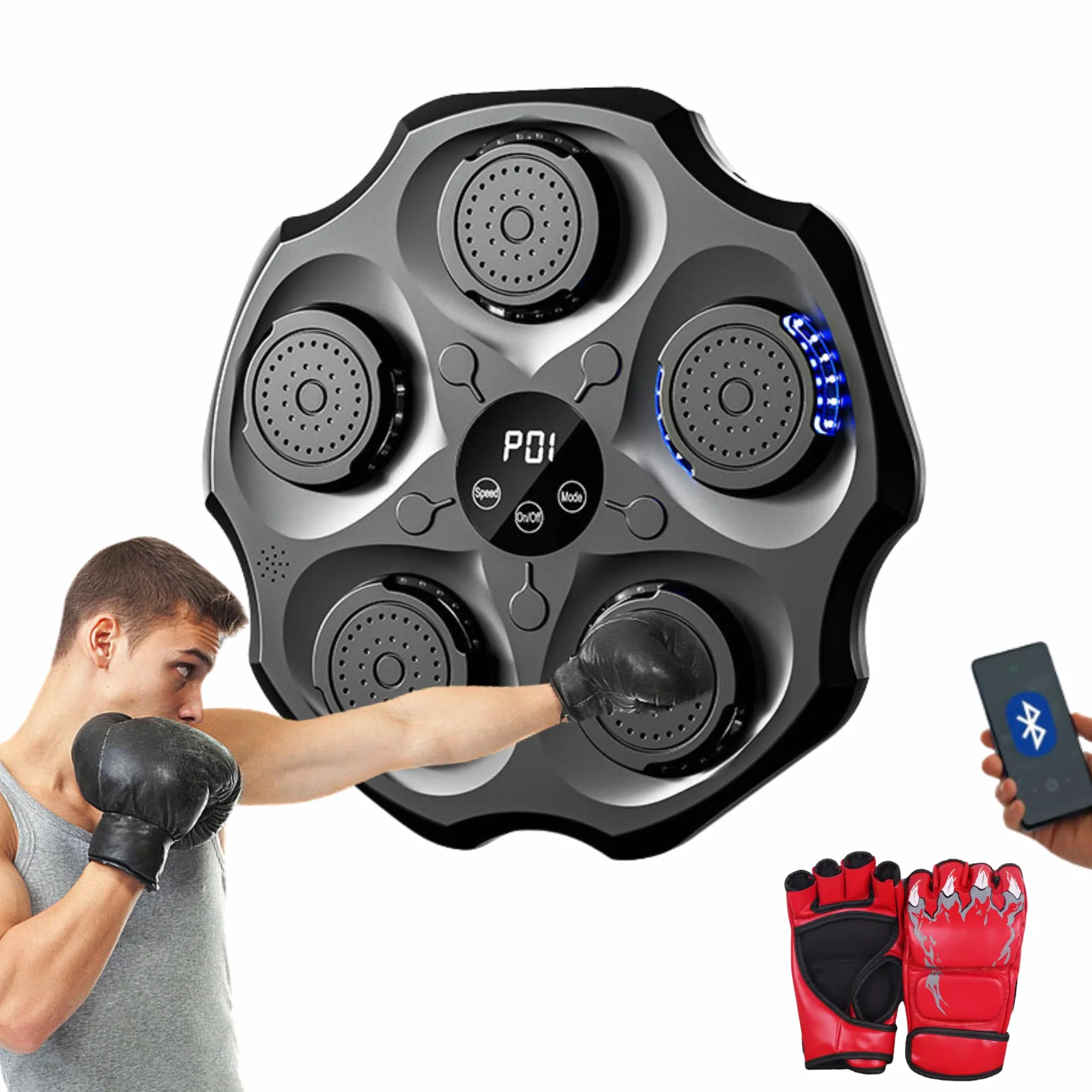 Macchina da Boxe Musicale, Attrezzatura da Allenamento per Boxe a Parete In PU con Guantoni da Boxe, Pad da Boxe a LED, Bluetooth, Luci al Ritmo Della Musica. (2 mode, 43x43x5 cm)