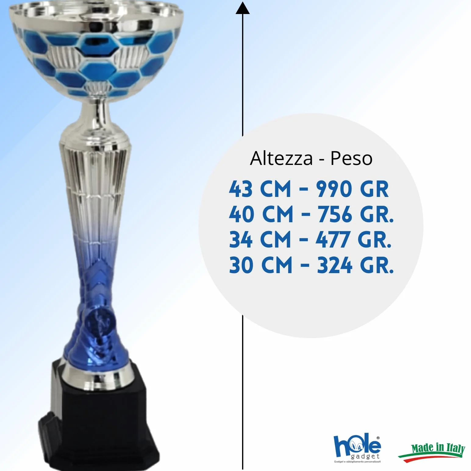 Personalizowana Coppa Trofeo Argento e Blu Metallo con Targhetta Stampata Varie Misure Calcio Fantacalcio Padel Basket