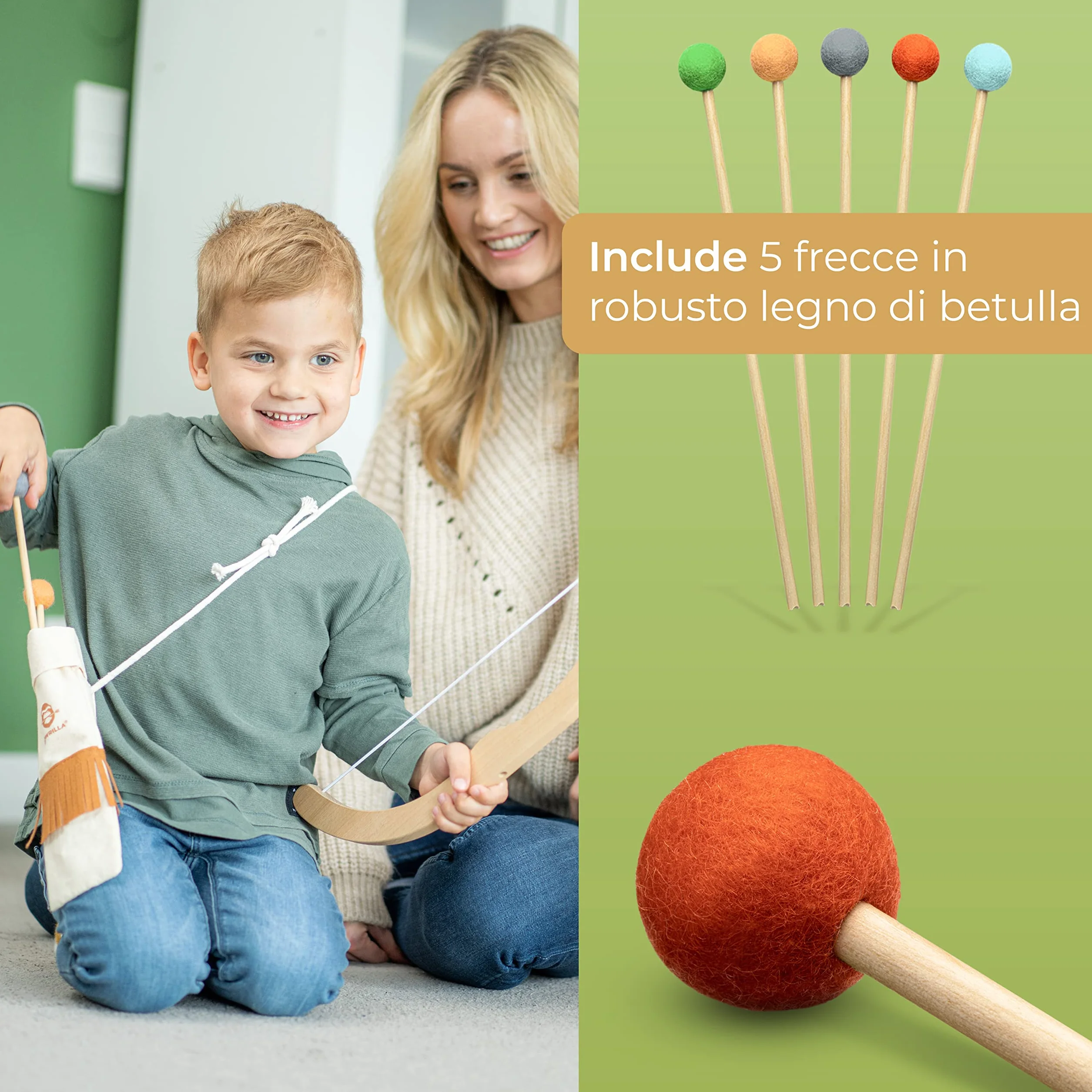 BOWRILLA® Arco e frecce per bambini in legno con 5 frecce, 4 bersagli e porta frecce