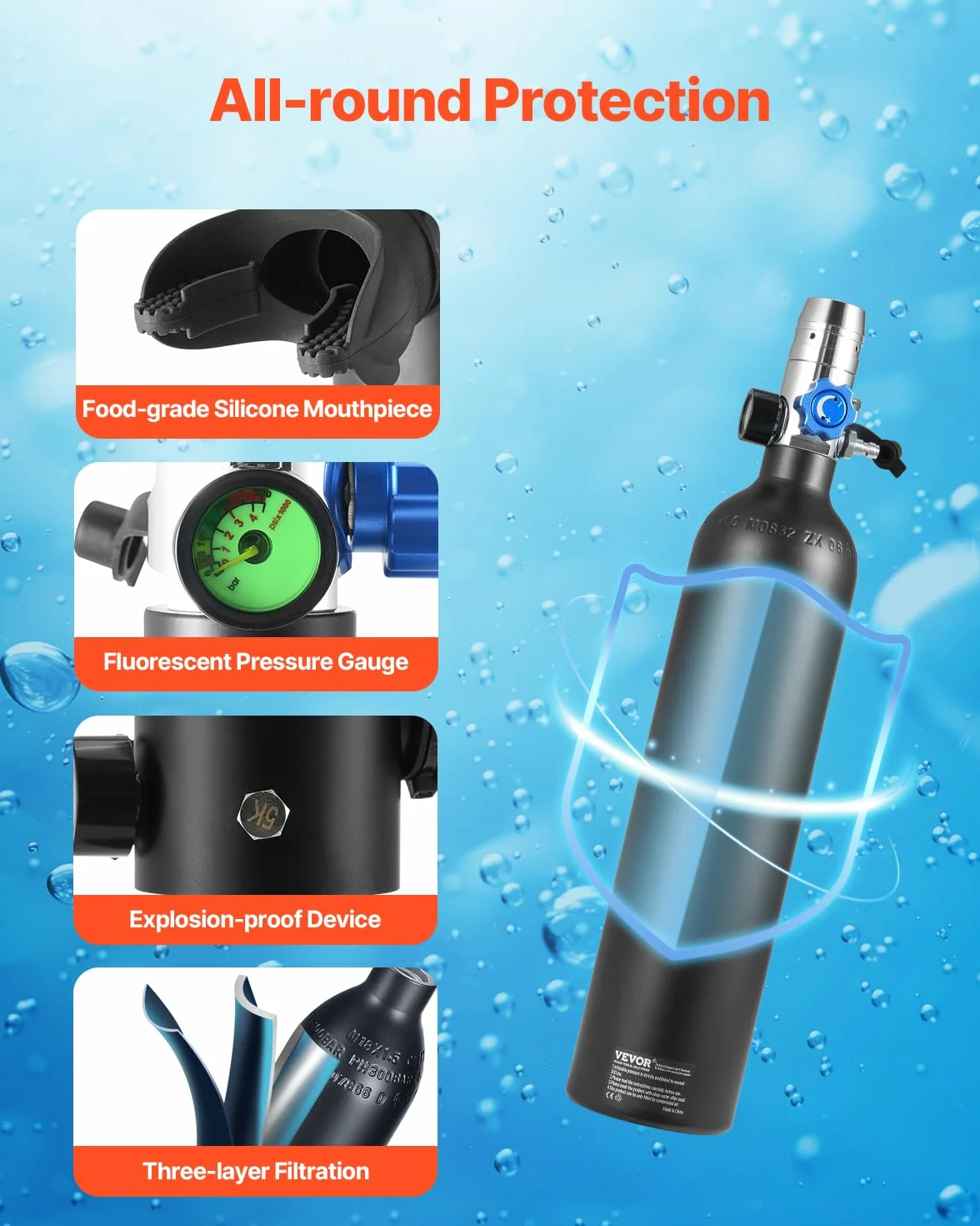 VEVOR Bombola Subacquea Portatile, capacità del Cilindro 1 L Bombola di Ossigeno per Immersioni, Supporta 15 a 20 Minuti di Respirazione Subacquea, profondità di Immersione 30 m con Pompa, Nero