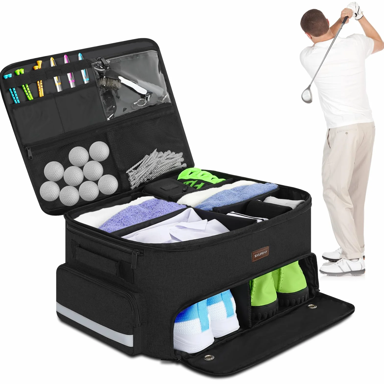 Organizzatore da Golf per Auto, armadietto da Golf a 2 Strati con Scomparto per Scarpe ventilato Separato, Organizer per Auto da Golf Grigio per Accessori da Golf, da Uomo (Nero)