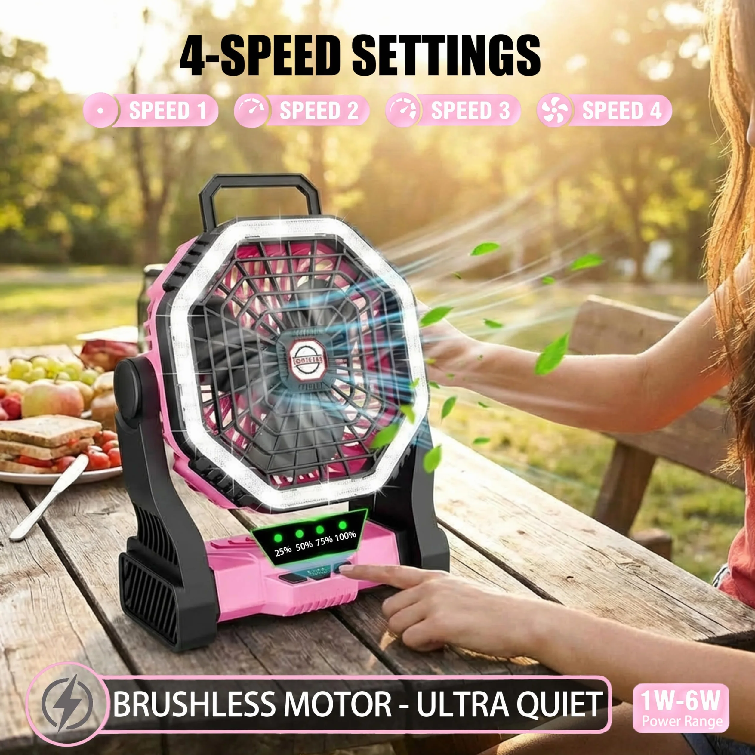 Ventilatore da Campeggio LED Portatile, 2-in-1 Ricaricabile, 4 Impostazioni di Velocità, Batteria da 10000mAh, 3 Modalità di Luce (Rosa)