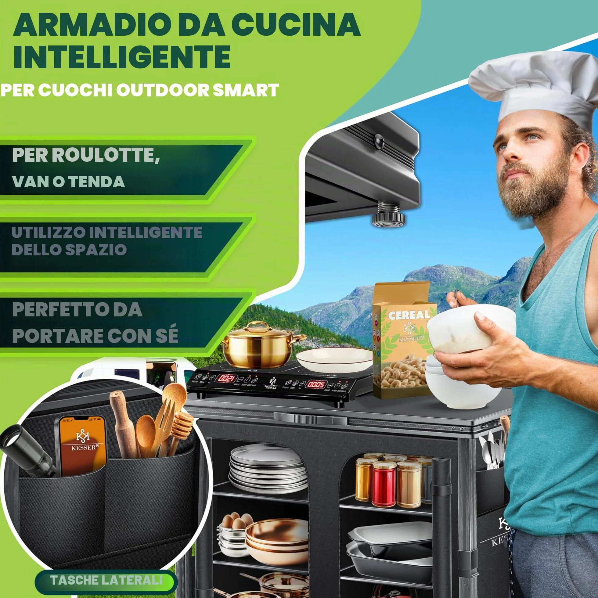 KESSER Mobiletto da campeggio pieghevole in alluminio 84x80 cm 6 scomparti zanzariera UV