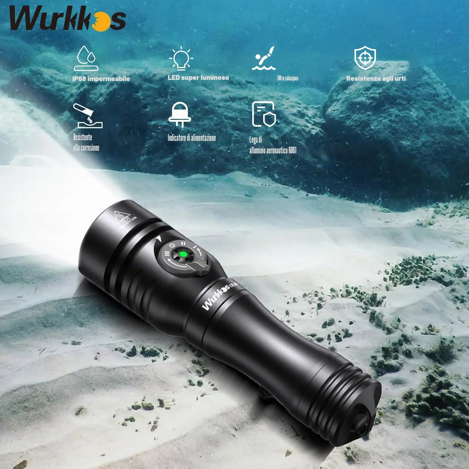 Wurkkos DL02 Torcia Subacquea Ricaricabile 3000 Lumen LED IPX8 Impermeabile - Nero