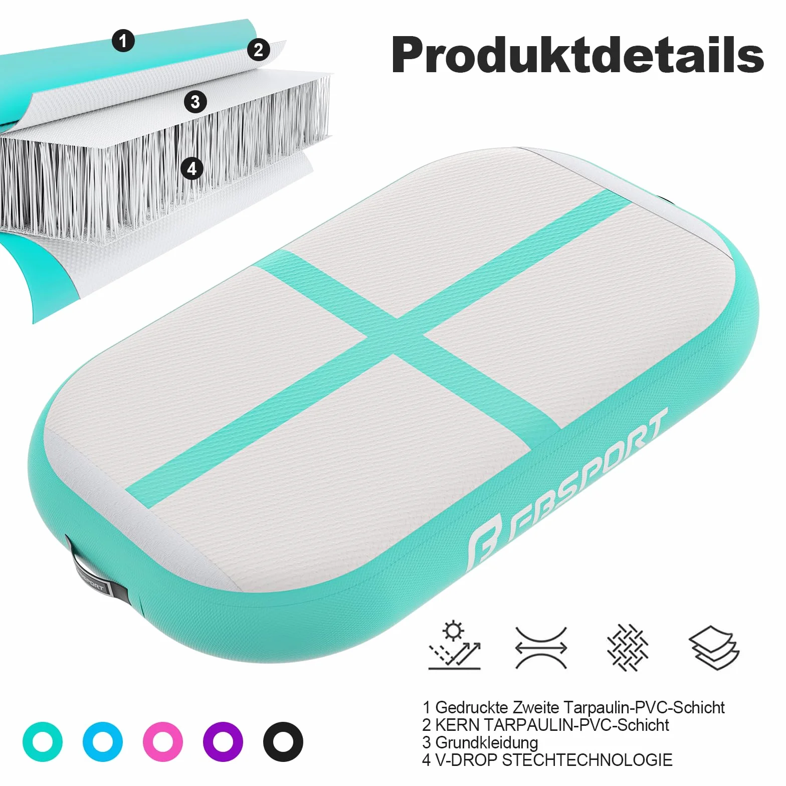 FBSPORT Airtrack Matte, Altezza 10 cm, Spessore 60 cm, Tumbling Matte Gonfiabile, Ginnastica con Pompa ad Aria, Tappeto da Allenamento con Borsa, Tappeto da Ginnastica per Casa, Esterno, Yoga