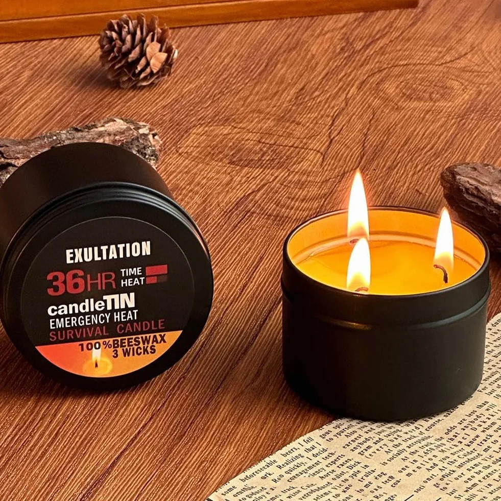 Candela di sopravvivenza 36 ore, 3 stoppini, portatile a lunga durata, resistente alle intemperie per escursioni e campeggio