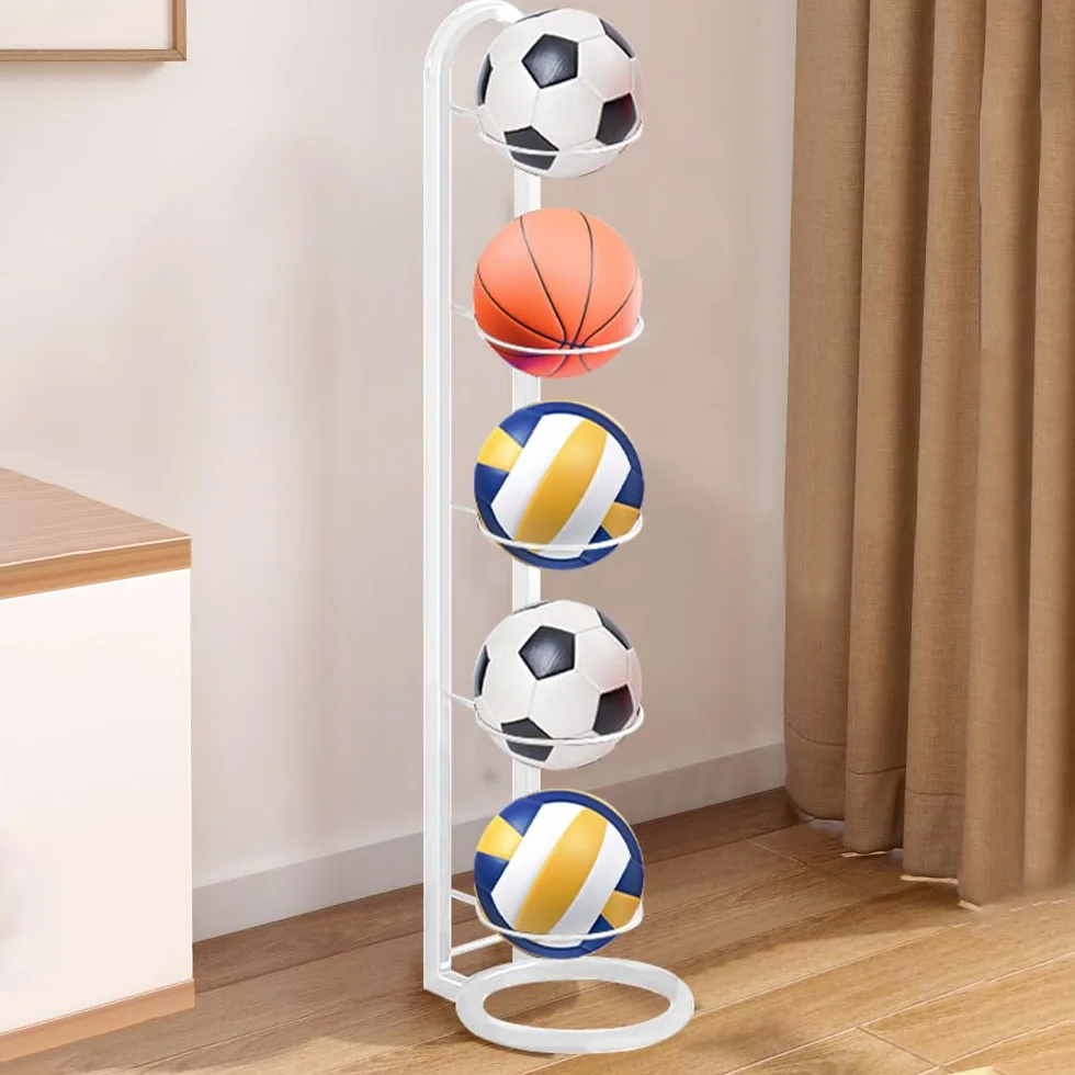 Portapalle per Calcio a 5 Livelli, Rastrelliera da Basket Verticale in Metallo, Supporto Palloni, Scaffale Stoccaggio Sportivo Bianco