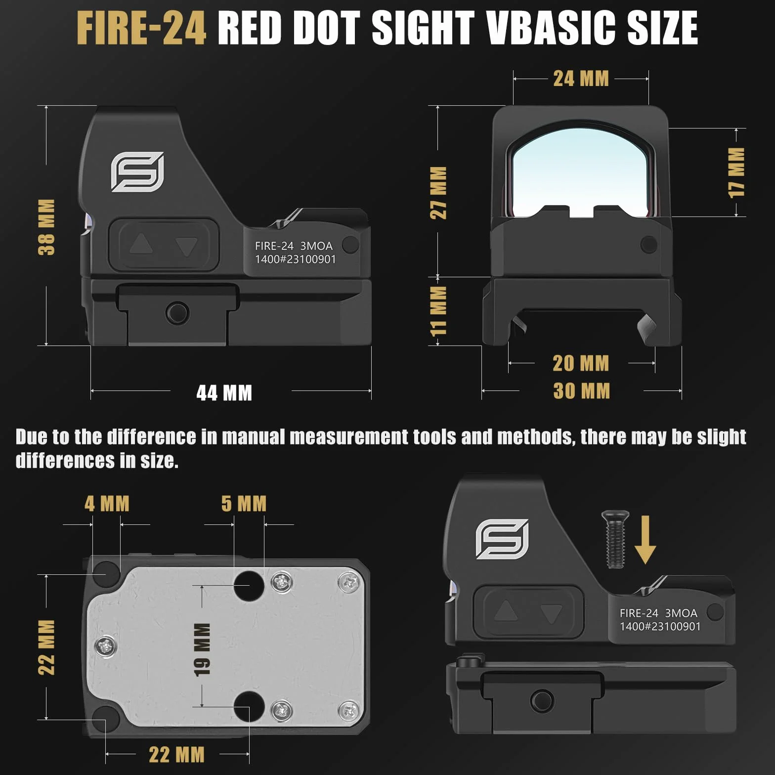 SPINA OPTICS Fire-24 Shake Awake Mirino a punto rosso 3MOA RMR Compatibile Reticolo 24x17mm Obiettivo 21mm Picatinny Base