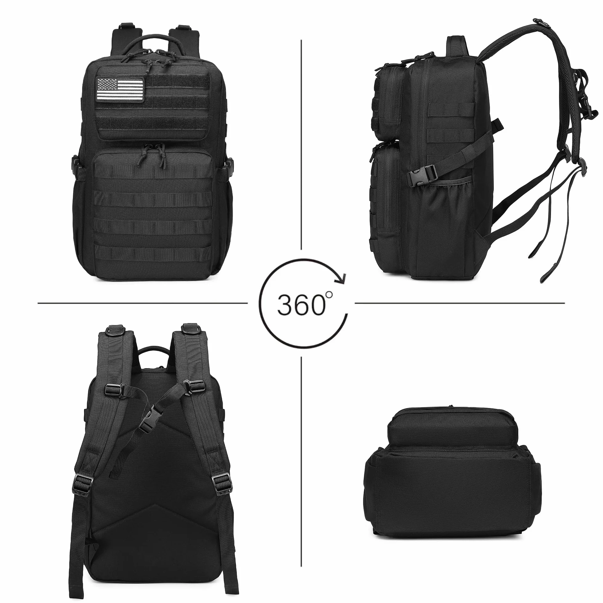 Zaino Tattico Militare Impermeabile 25 L Nero Molle con Porta Borraccia