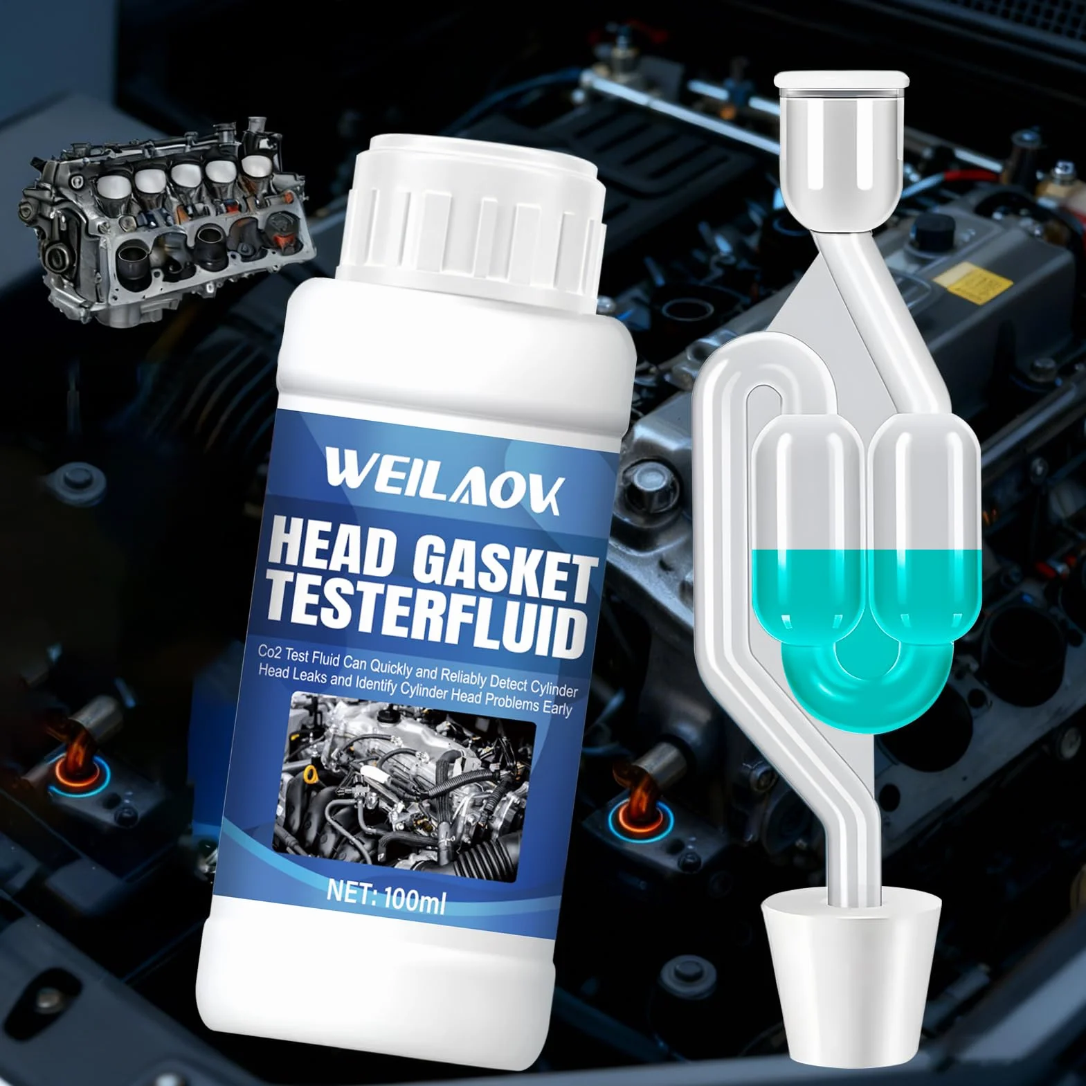 Test Guarnizione Testata Bruciata, Turafalle Testata Motore, Tester di Guarnizione A Testa Cilindrica per Testare Le Guarnizioni della Testata di Tutti I Veicoli e Motocicli, 100 ML