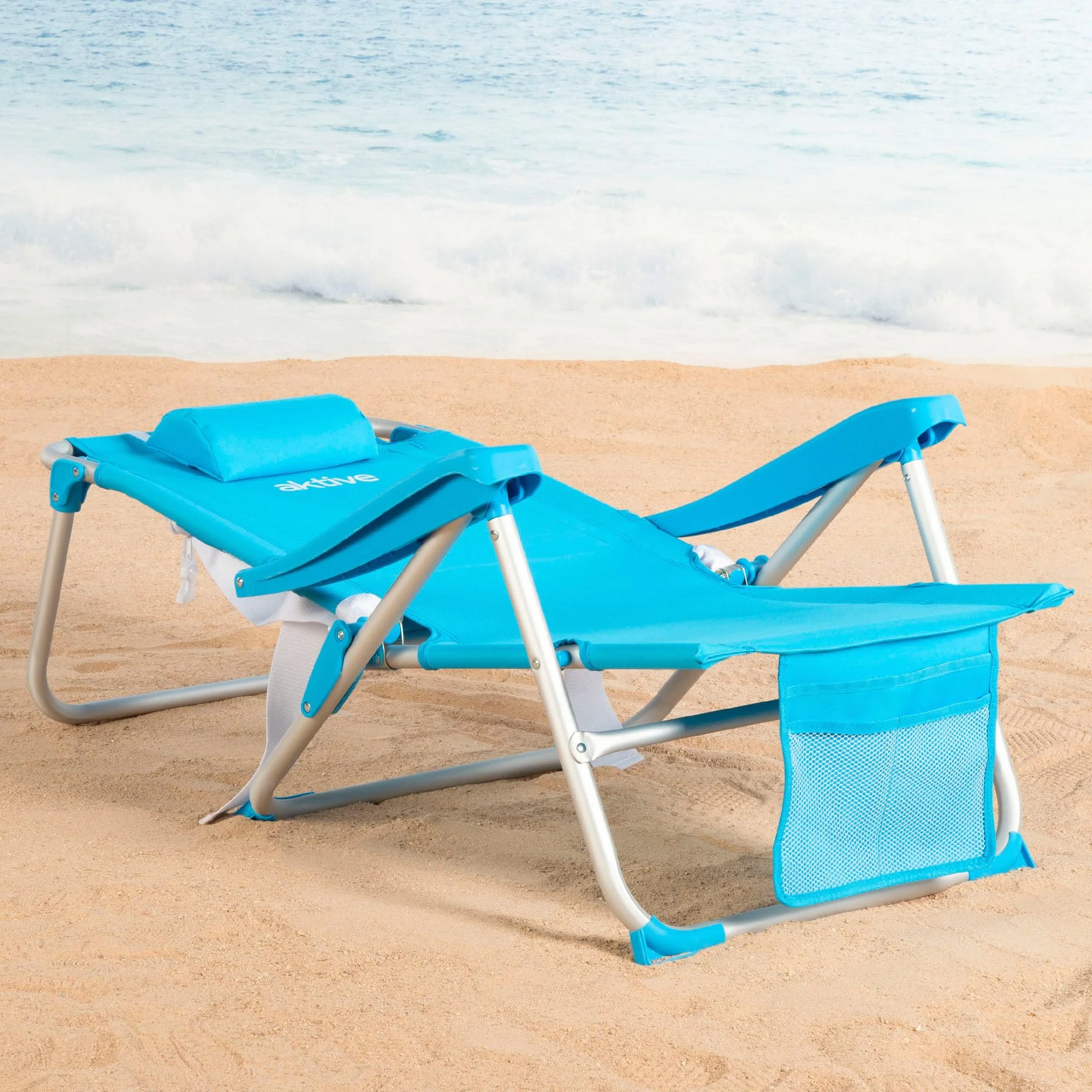 AKTIVE Sedia da spiaggia pieghevole 49x58x80 cm, con cuscino, sedia zaino pieghevole, schienale reclinabile, con due tasche, blu pastello (53983)