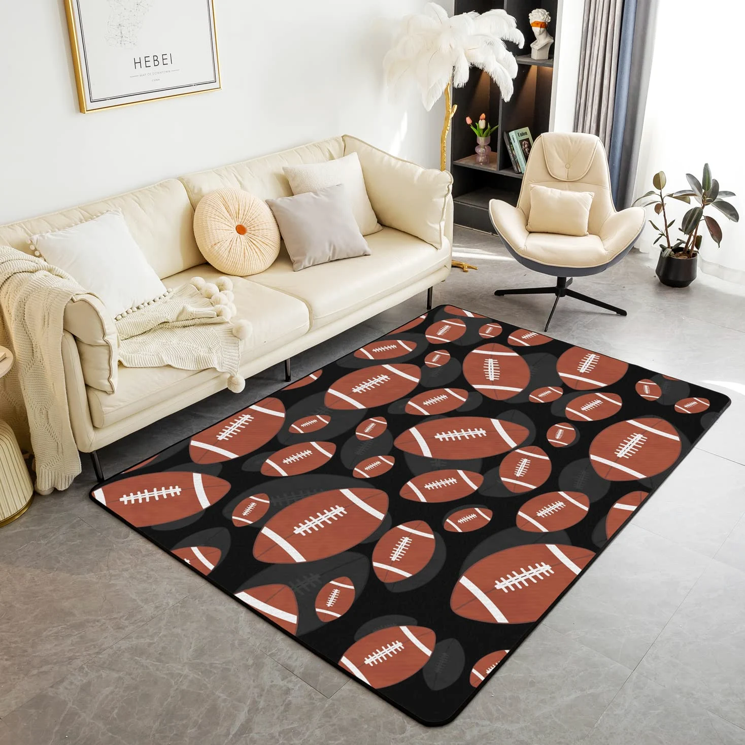 Homemissing Tappeto decorativo per area calcio, rugby, sport, gioco di palloni da calcio, tappetino da interno marrone e nero, 150 x 200 cm