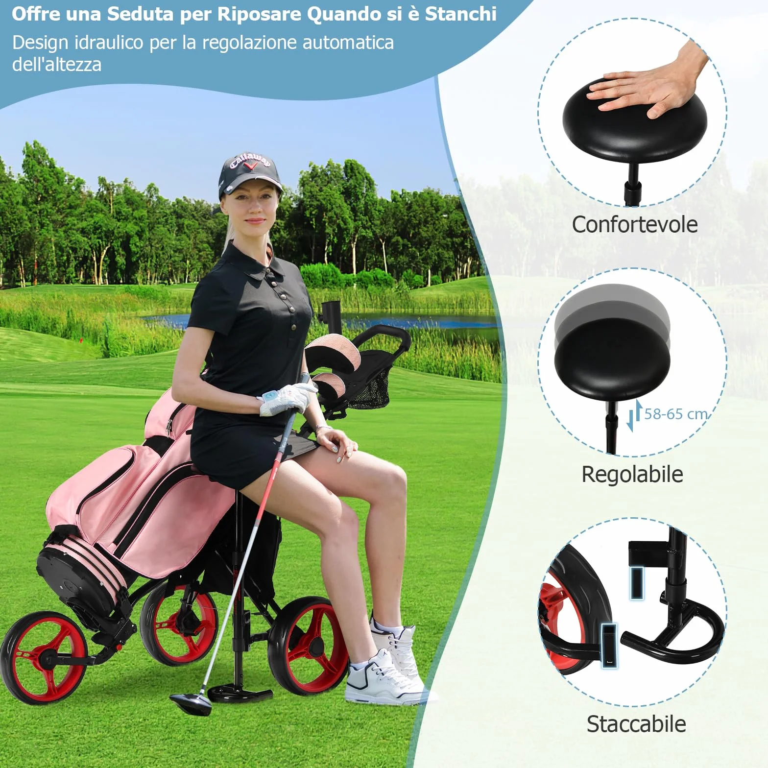 COSTWAY Carrello da Golf Pieghevole 3 Ruote, Trolley Altezza Regolabile Alluminio con Sedile, Porta Ombrello e Porta Bevande