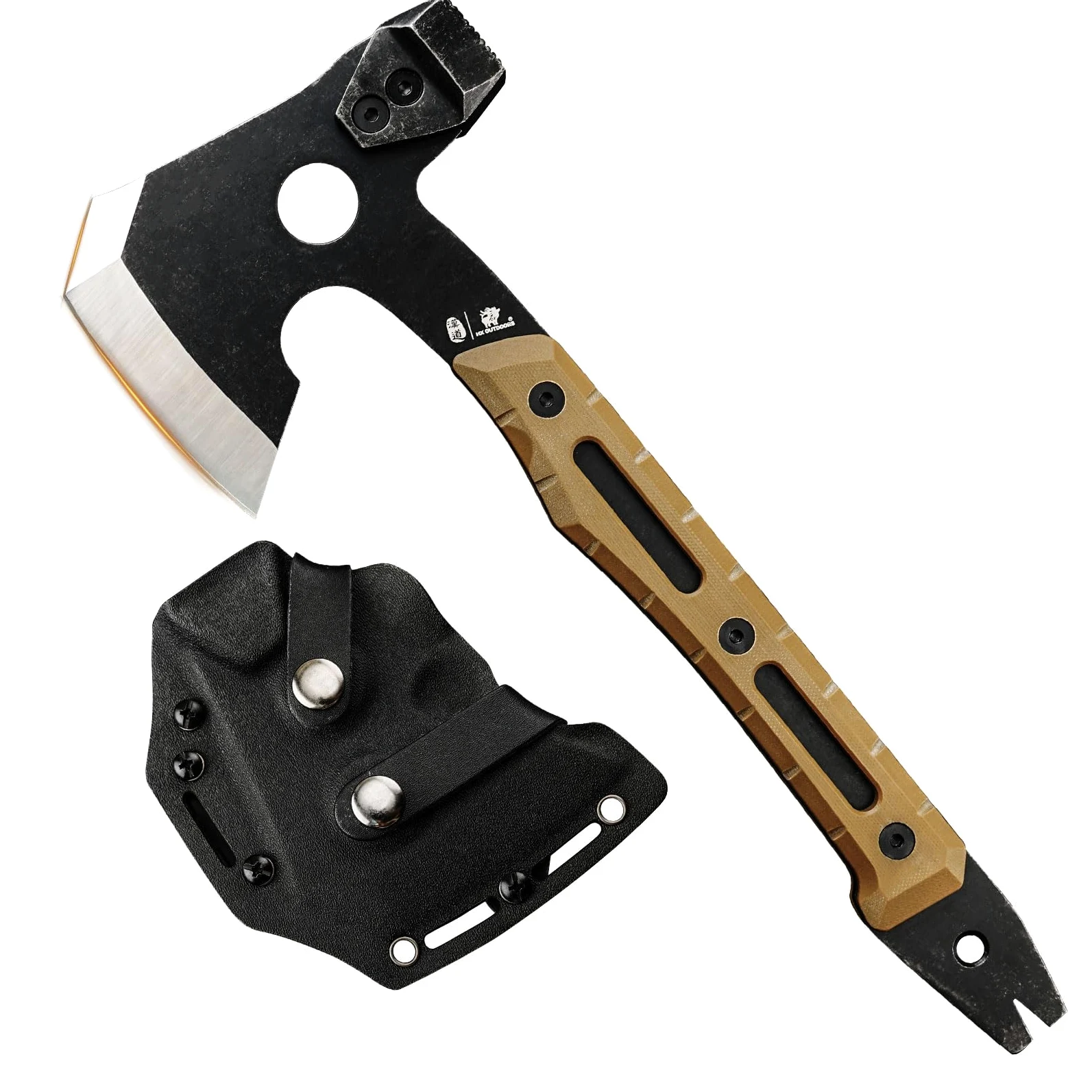 HX OUTDOORS Ascia Multifunzionale da Spaccatura, Ascia Tattica da Sopravvivenza Full Tang per Campeggio, da Bushcraft con Martello ed Estraichiodi (marrone)