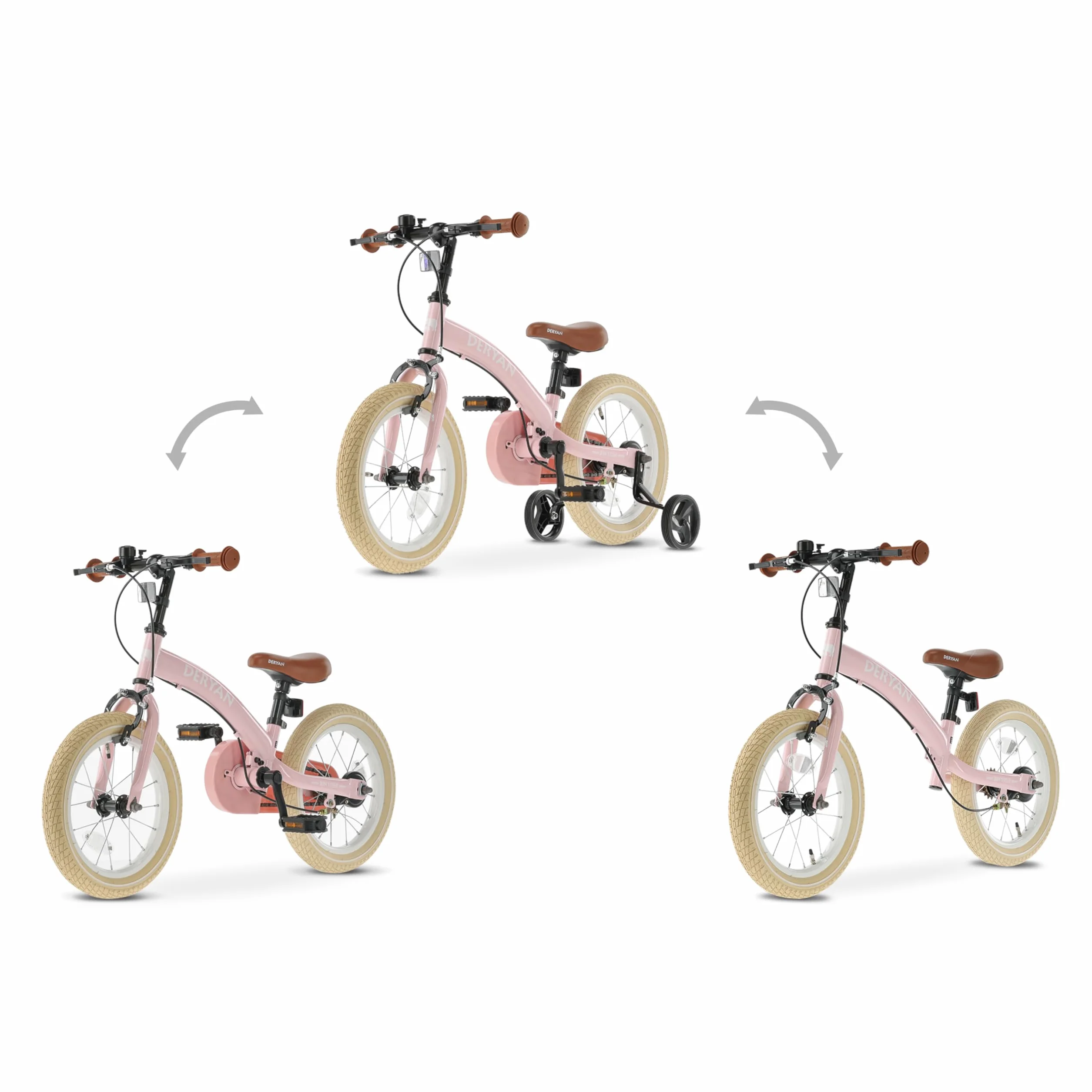 Deryan Bicicletta per Bambini 3 in 1 12 14 16 Pollici con Rotelle e Pneumatici ad Aria