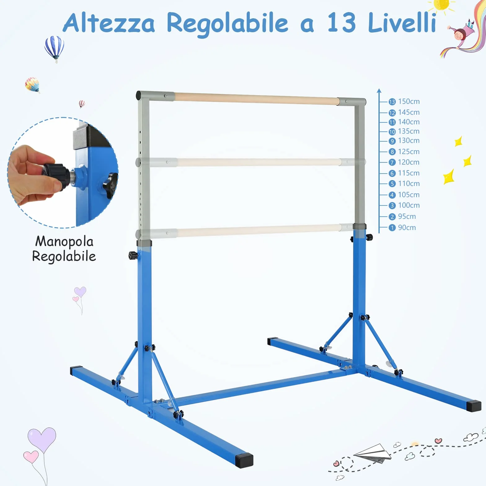 COSTWAY Barra per Ginnastica e Danza per Bambini Pieghevole Portatile, Sbarra Parallela in Metallo e Legno con 13 Altezze Regolabili, Portata 100 kg
