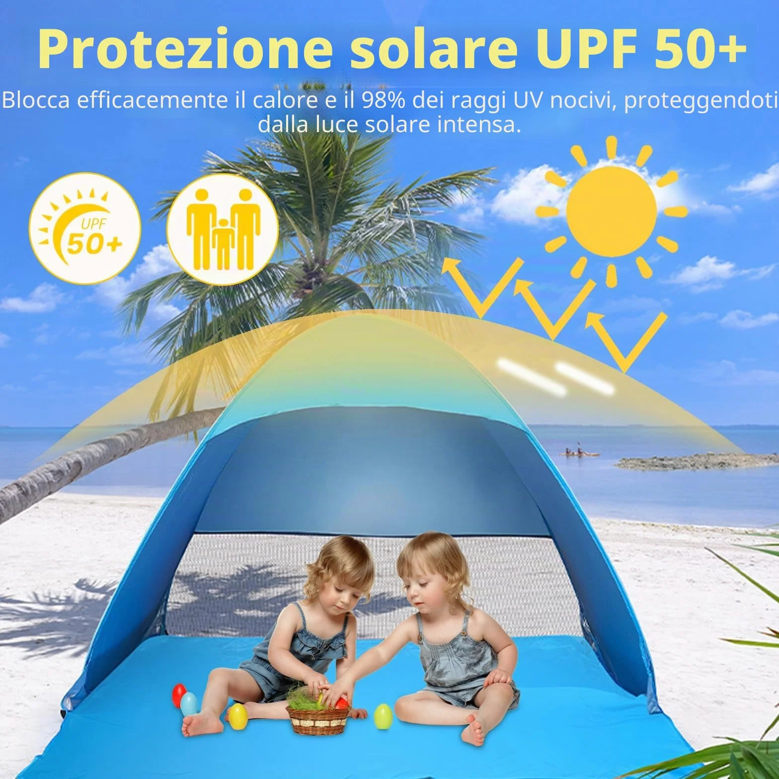Tenda da Spiaggia Pop Up 1-2 Persone, Protezione Solare UV UPF 50+, Leggera con Borsa