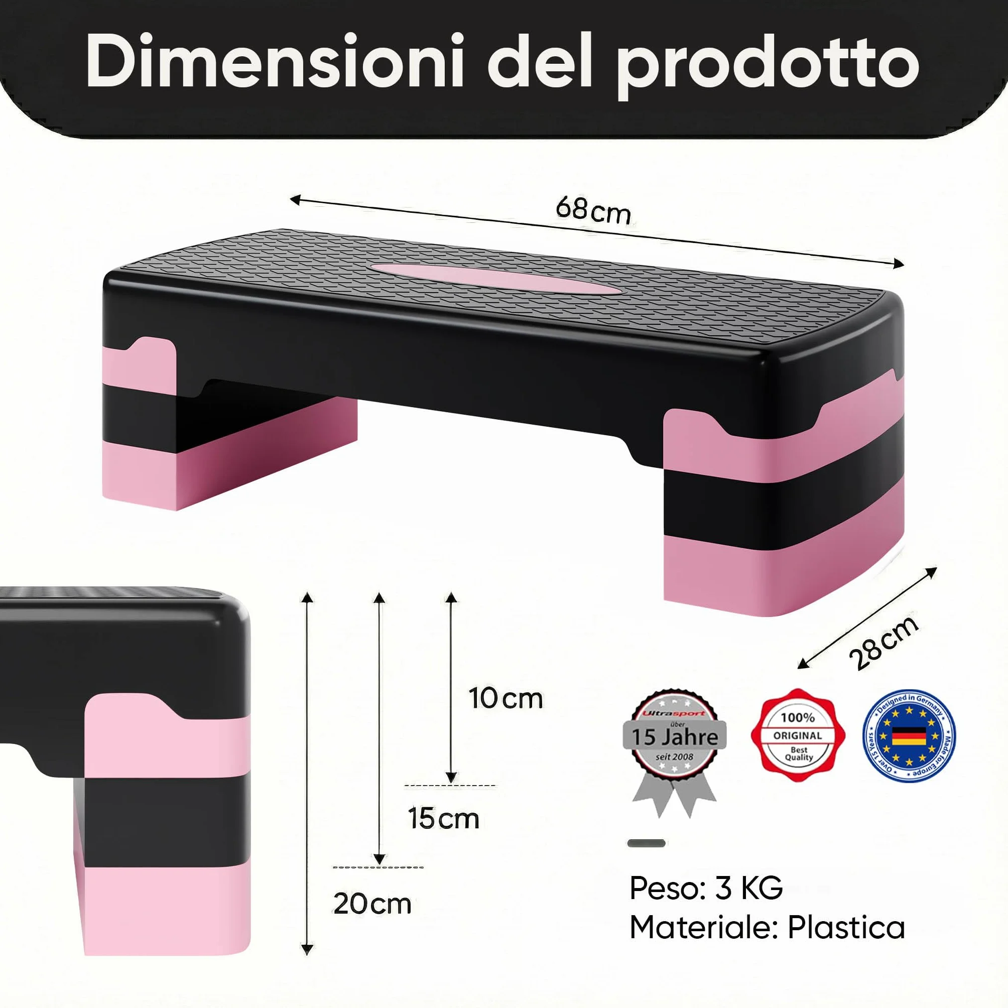 Ultrasport Step Fitness Aerobica Stepper Casa Antiscivolo Regolabile 3 Altezze Stepboard 68 x 28 cm Rosa