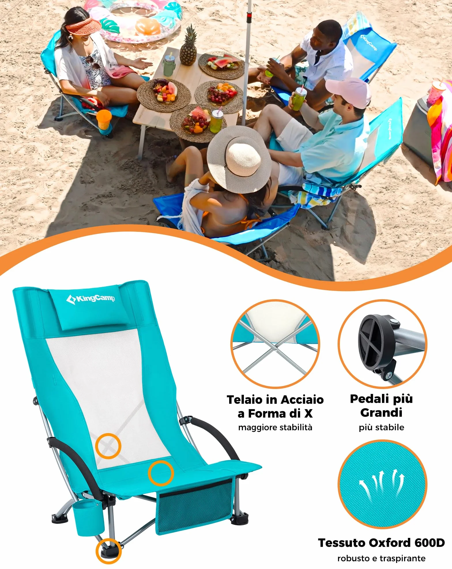 KingCamp Set di 2 Sedie da Spiaggia Pieghevoli Portata 180kg Cuscino Imbottibile Ciano