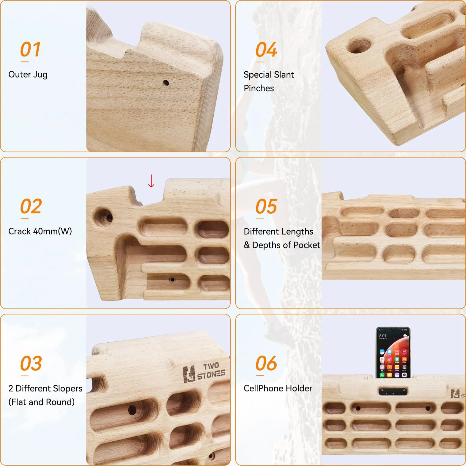 TWO STONES Hangboard per Arrampicata su Roccia con Supporto per Telefono e Fascia, Legno