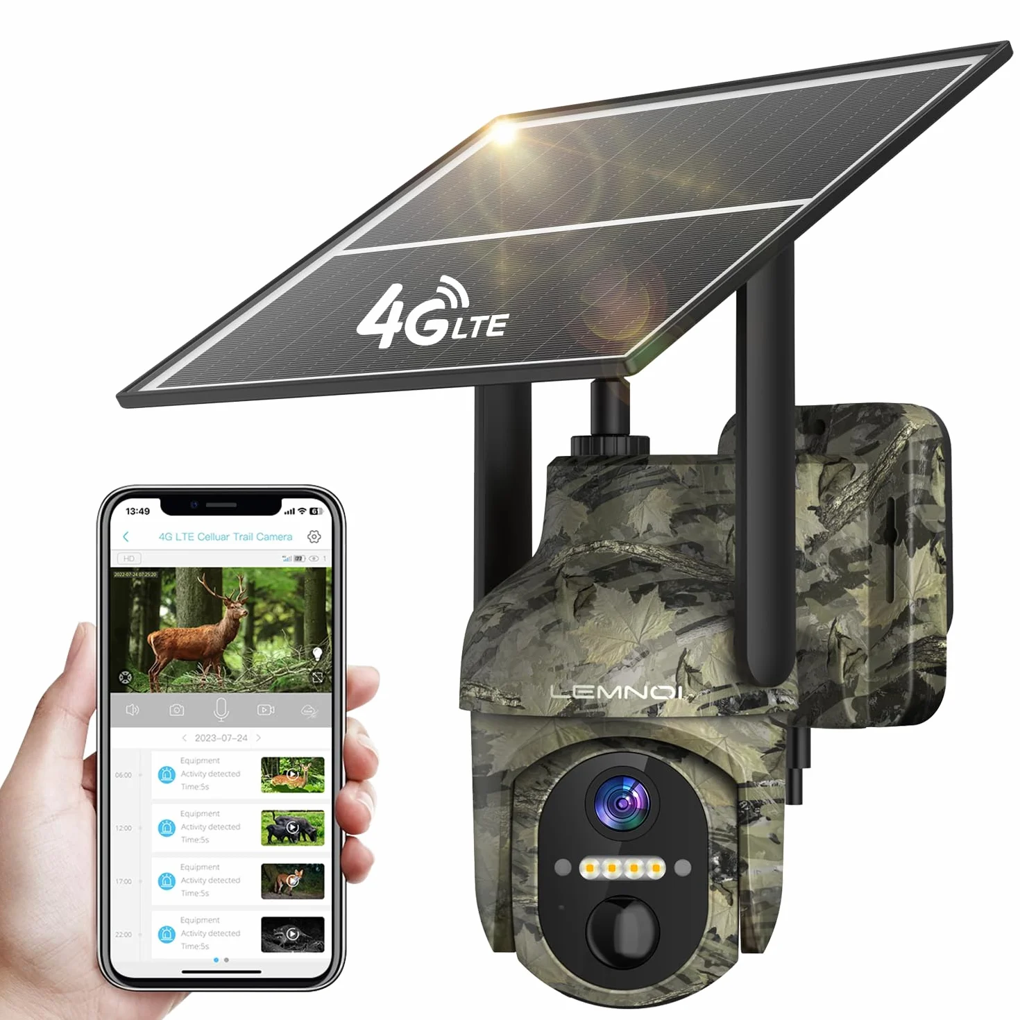 LEMNOI Fotocamera da Caccia 4G Fototrappola Solare 2K PTZ Esterna con Pannello Solare, Visione Notturna a Colori, Rilevamento PIR