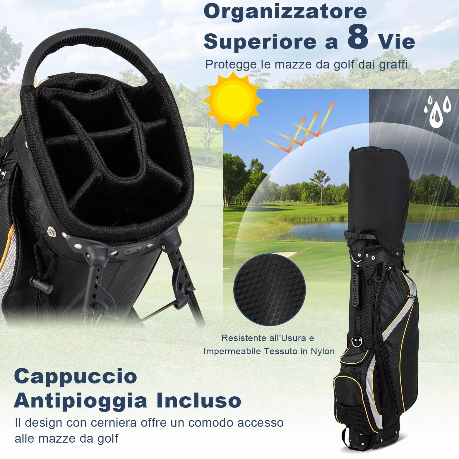 COSTWAY Borsa da Golf a 8 Vie, Leggera 2 kg con Separatori, 7 Tasche, Borsa Frigo e Cappuccio