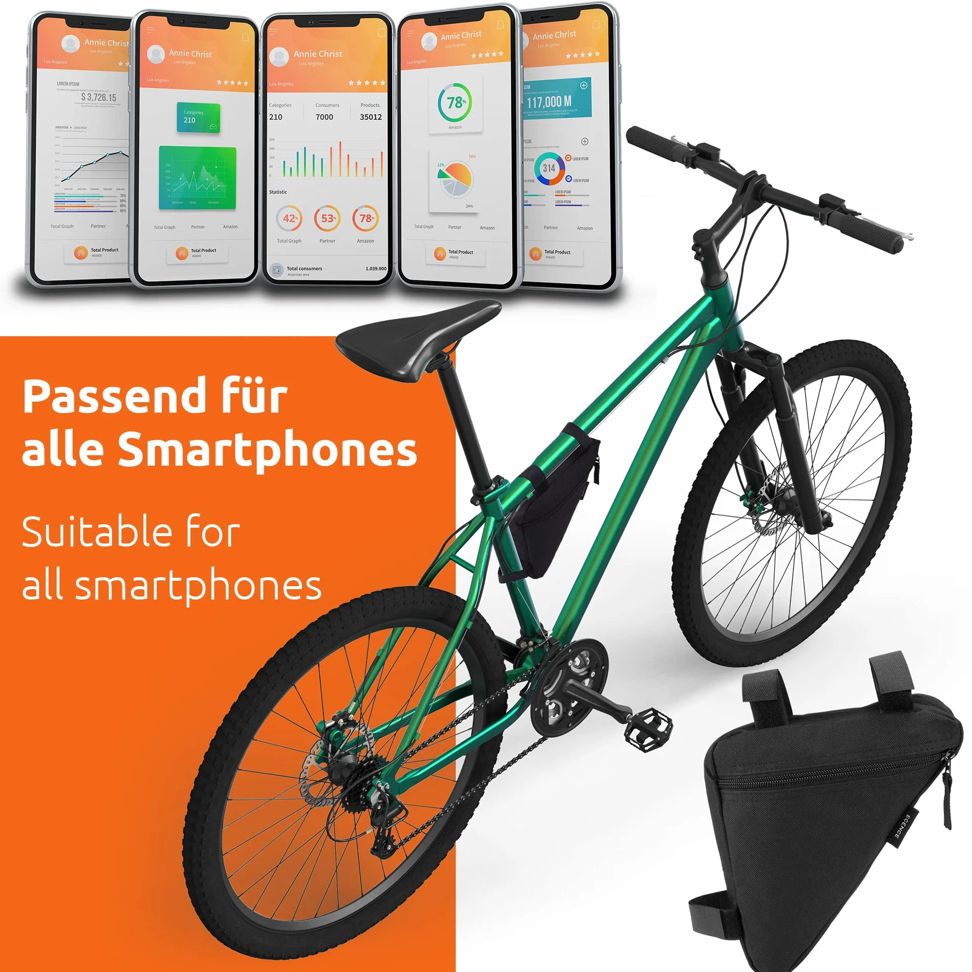 ECENCE Borsa per biciclette telaio impermeabile nera con chiusura a strappo