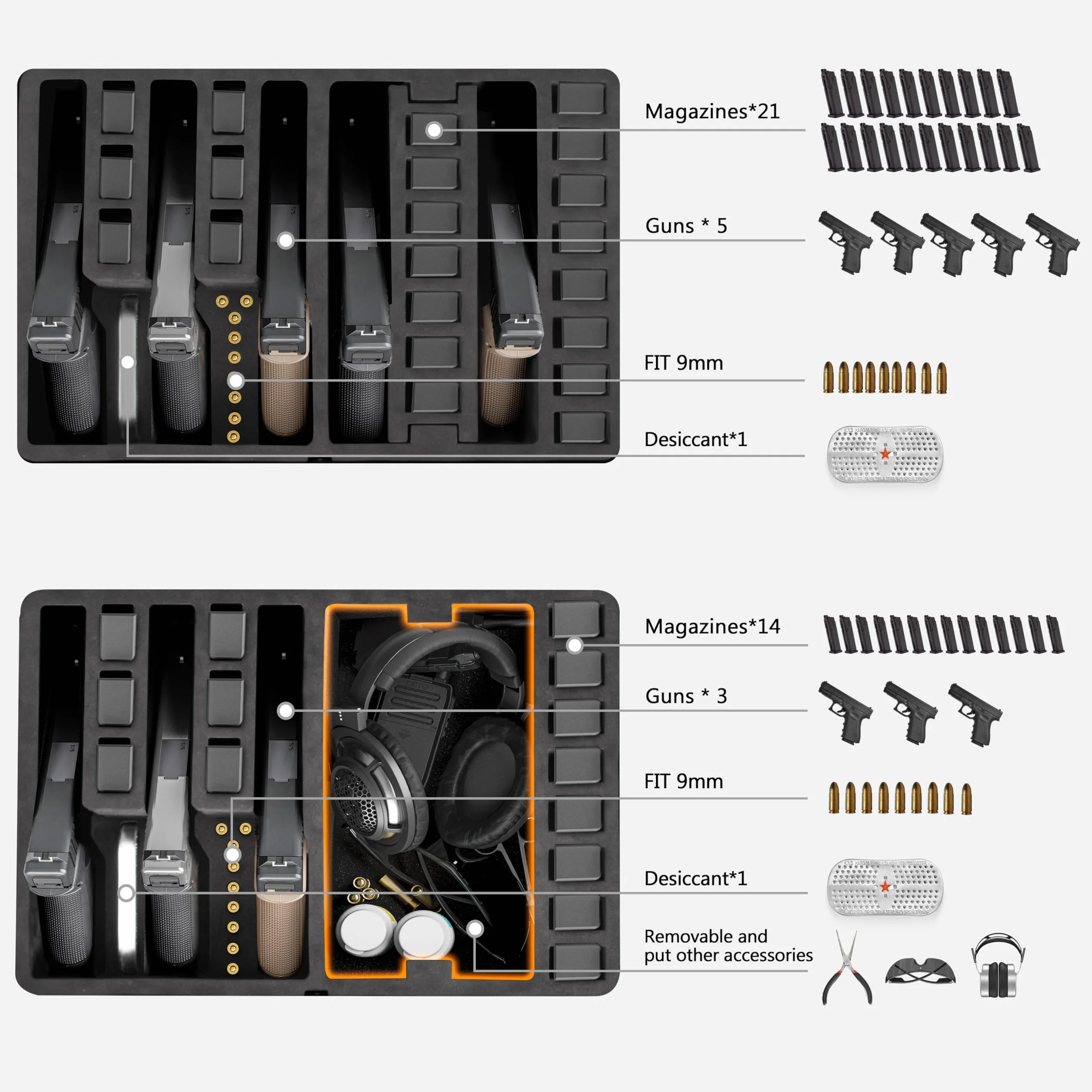 Kinghardcase Valigetta Rigida per Pistole Impermeabile Compatibile con 5 Pistole e 12 Caricatori