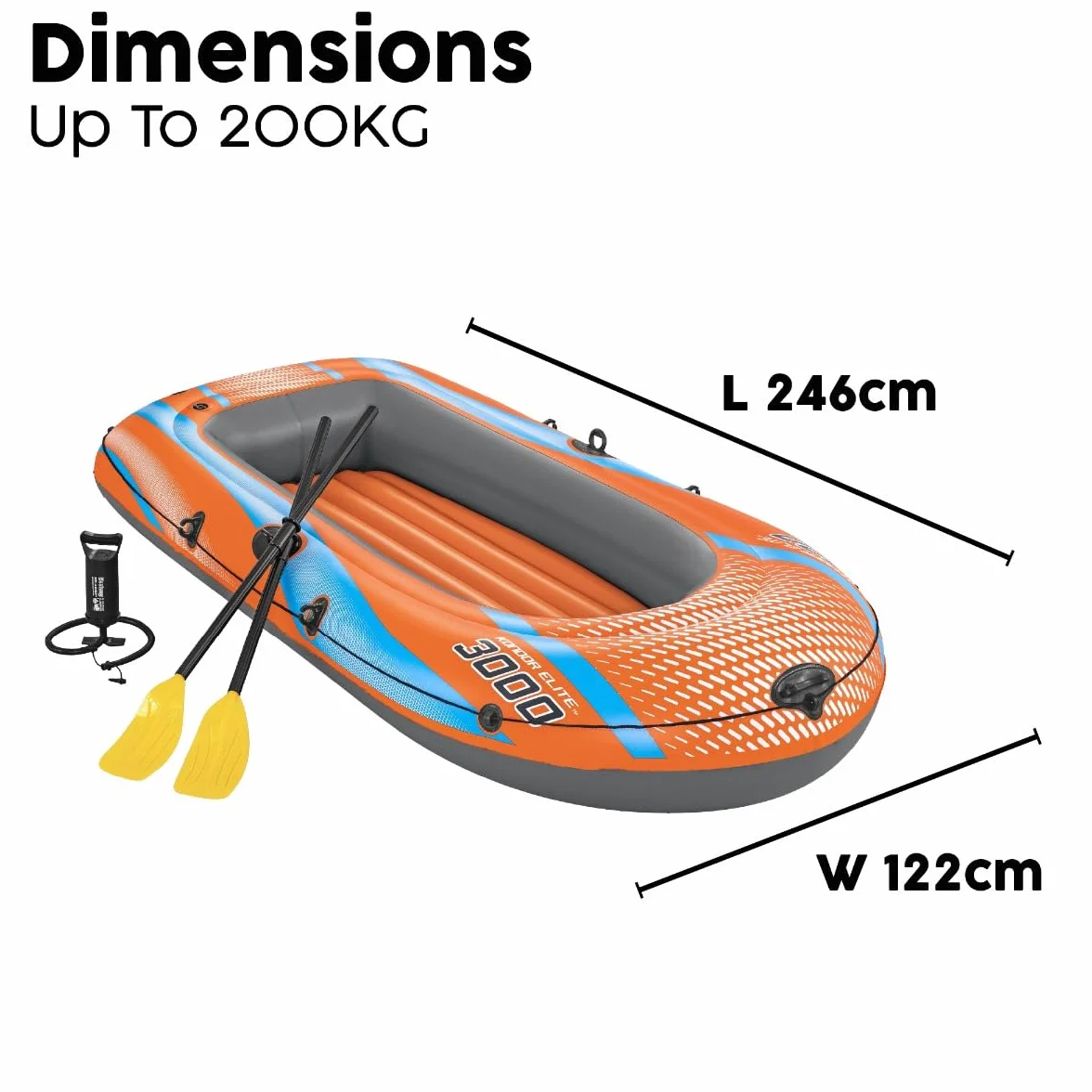 Bestway Inflatable Boat, Kondor 3000, 3 Persons, Raft Set with Oar and Hand/Foot Pump, Heavy Duty Handles and Interlocking Valves, 8.1” x 48”, 2.46m x 1.22m